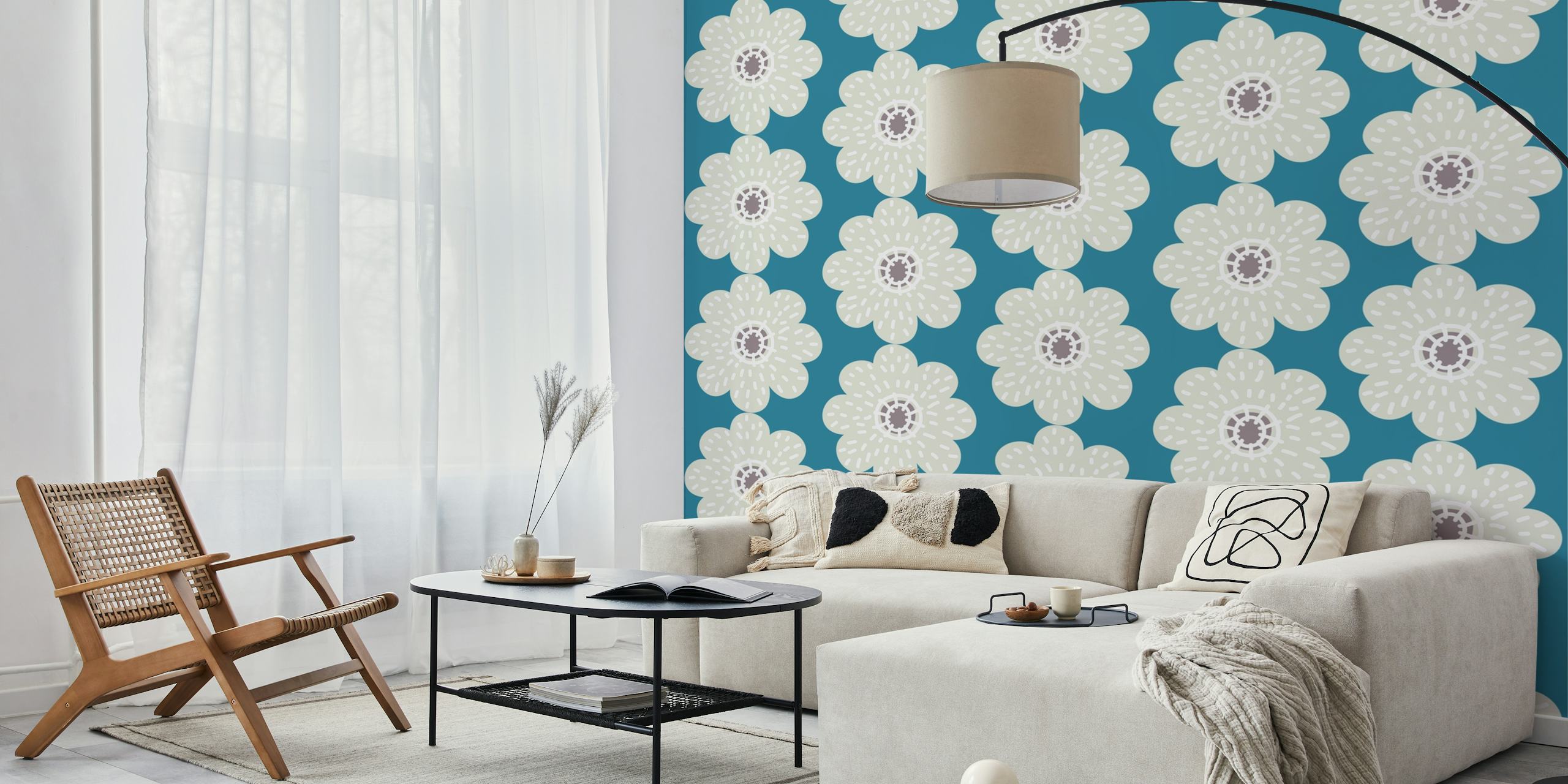 Teal wallpaper with cream poppy flowers in a repeating pattern