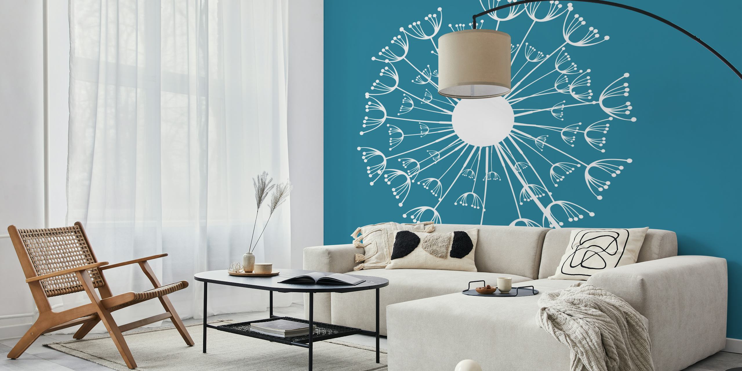Stylized dandelion in seed silhouette on a dark green blue background wall mural
