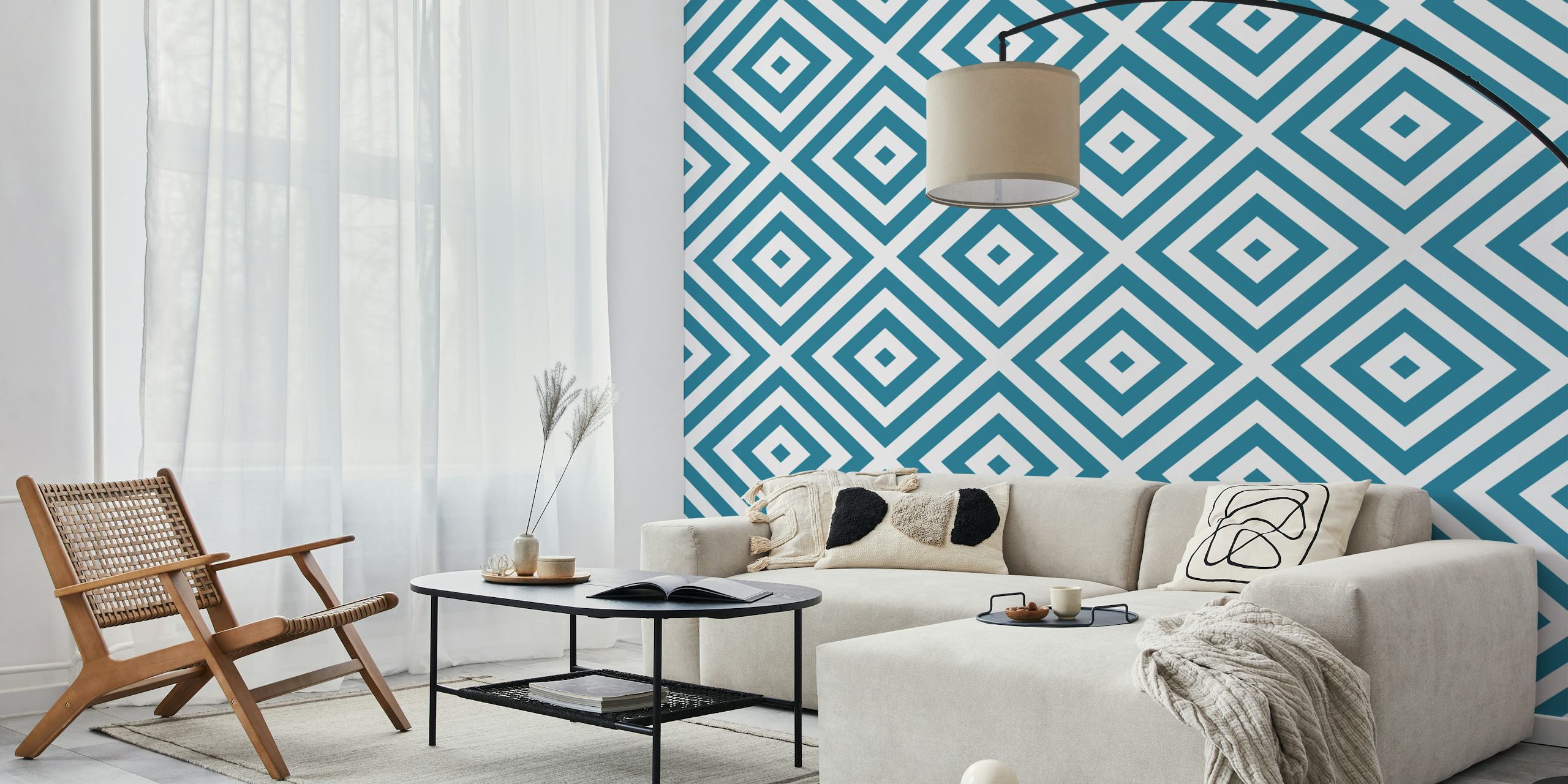 Geometric teal and white squares wallpaper in a room