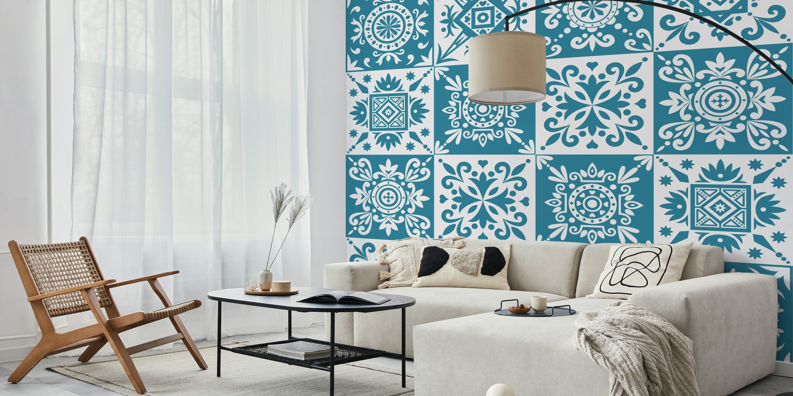 Alhambra-inspired white and teal geometric pattern wall mural