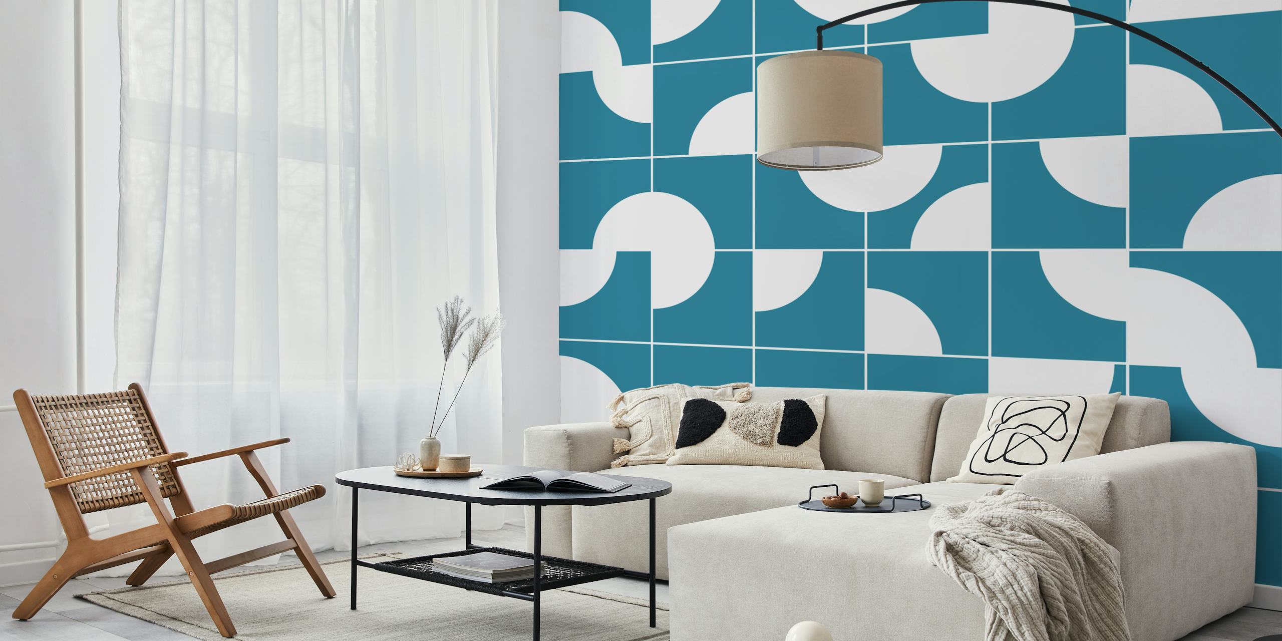 Circle Square Teal White papel de parede em um cômodo