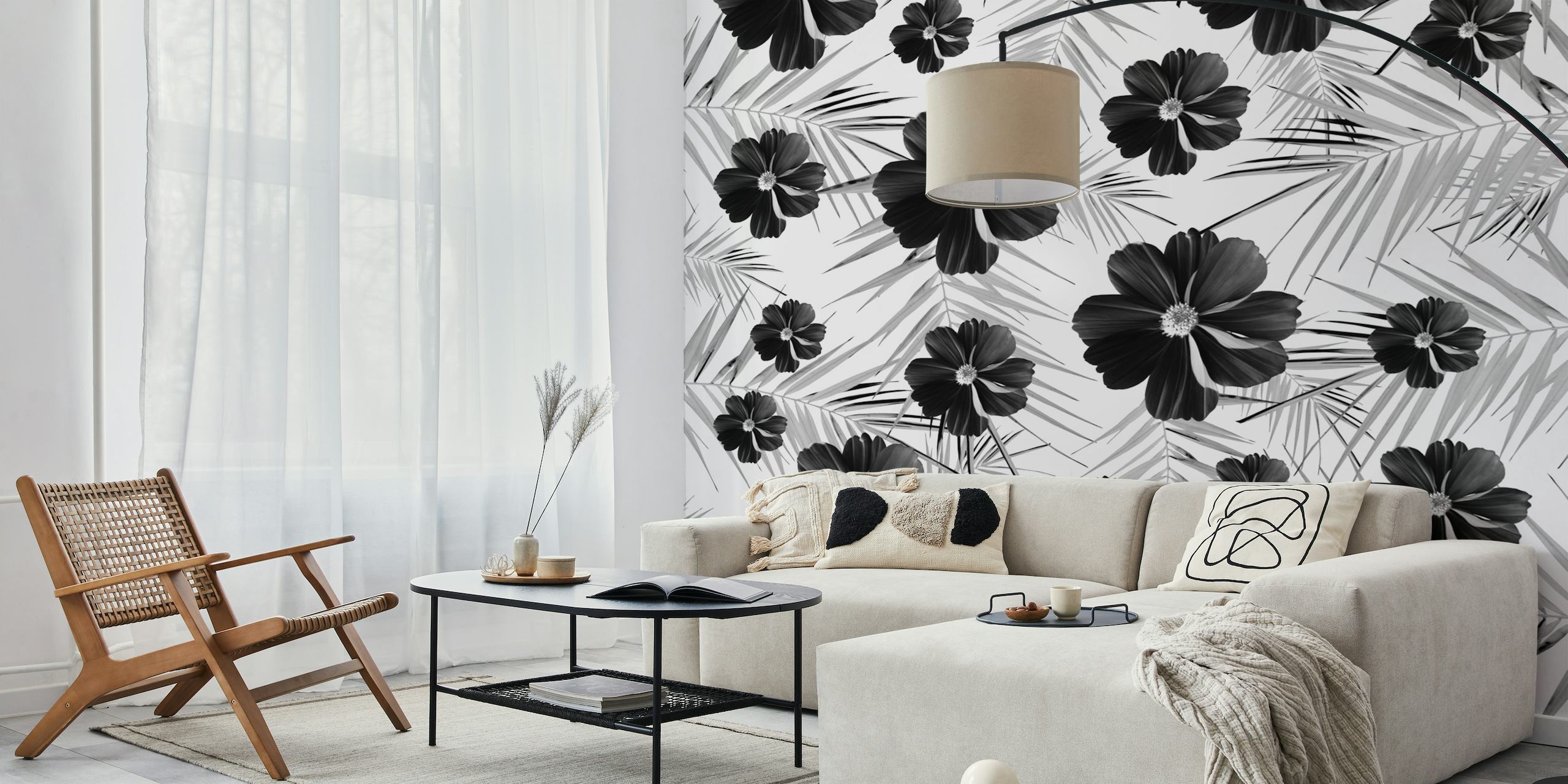 Black and white floral wall mural design with diamond patterns.