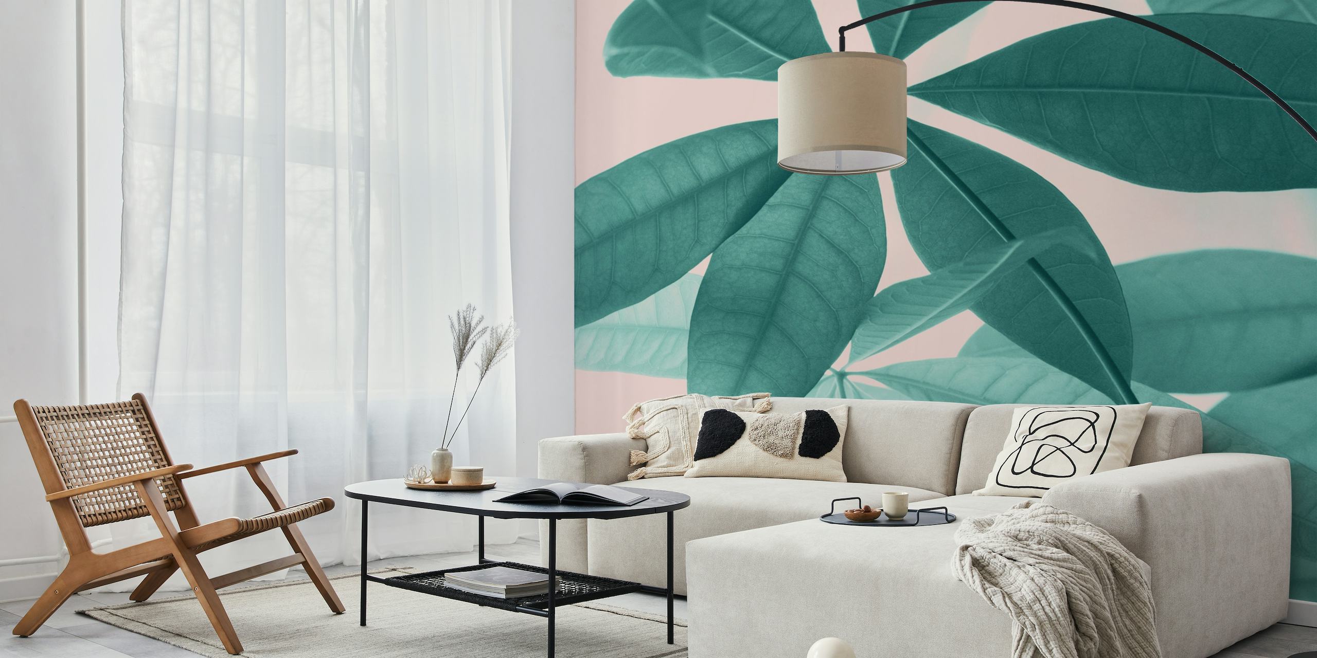 Pachira Aquatica leaves wall mural in pink and teal