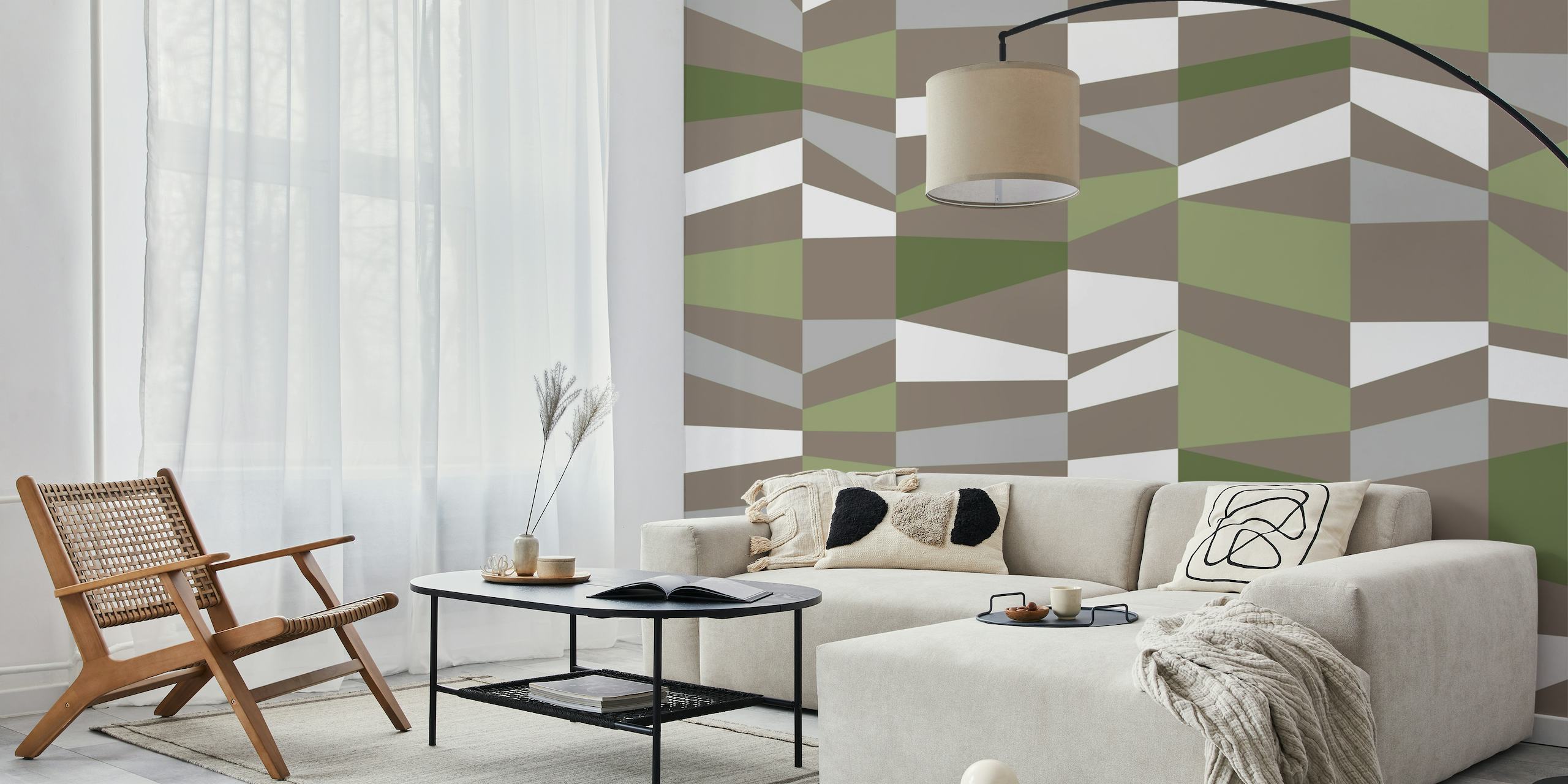 Scandinavian Color Blocks Sage seinämaalaus geometrisillä muodoilla salviavihreän, valkoisen ja harmaan sävyin
