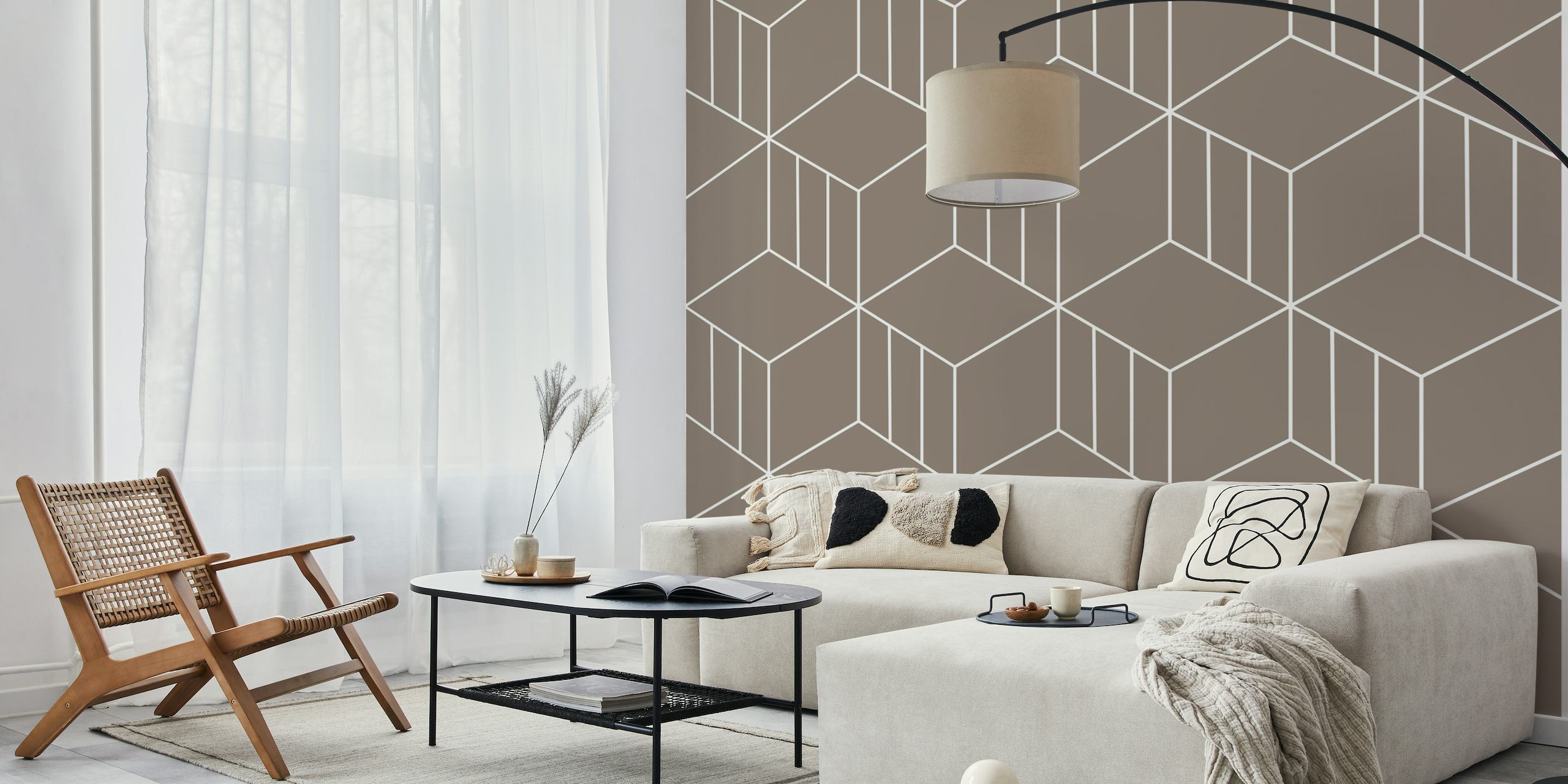 3D effect geometric cubes wall mural in shades of latte and taupe