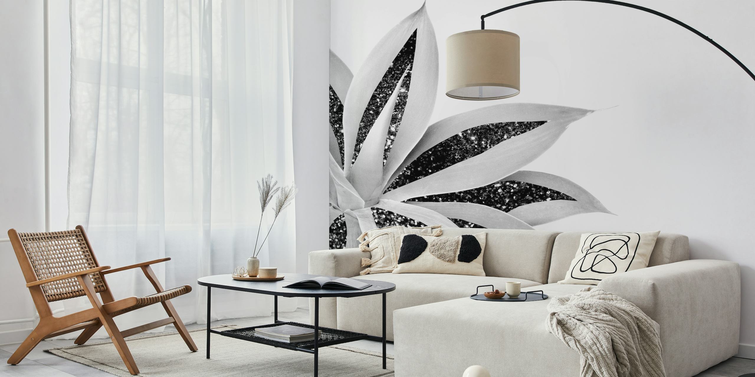 Monochrome agave wall mural with glitter details