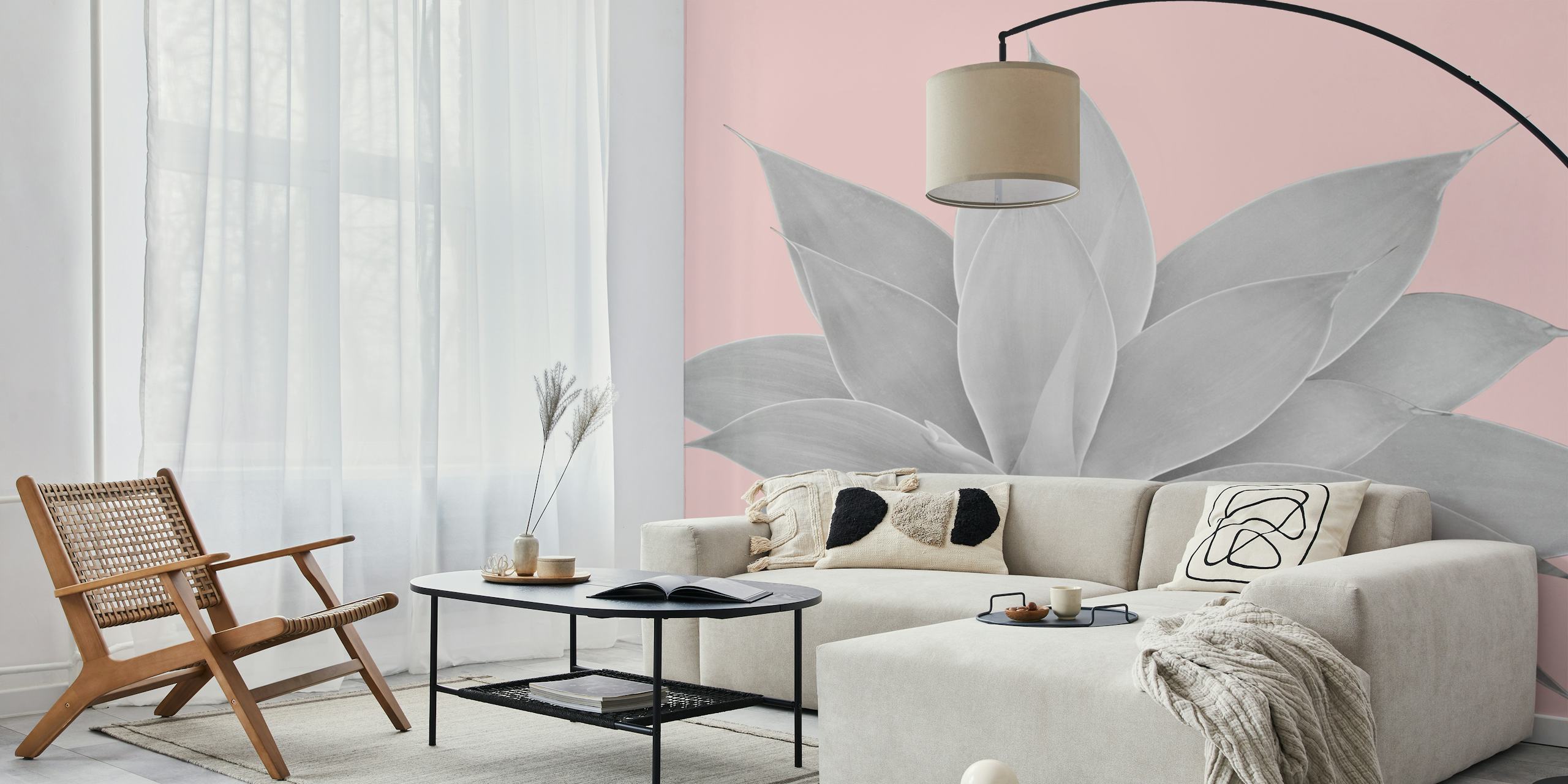 Large agave plant leaves in gray on a blush background wallpaper