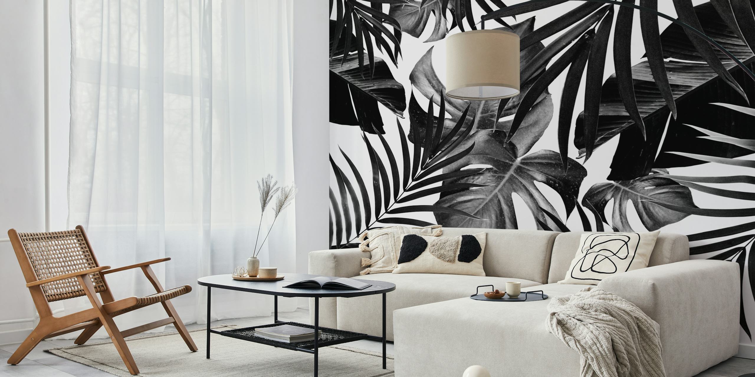 Black and white tropical leaves wallpaper