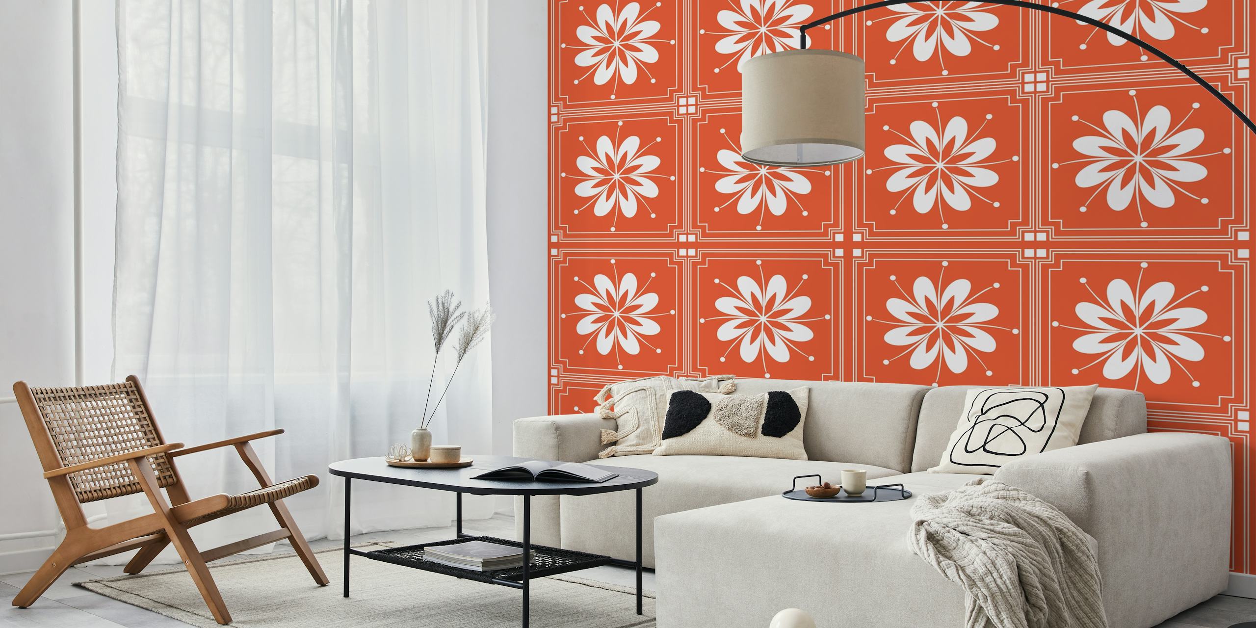 Rust orange floral Alhambra papel de parede em um quarto