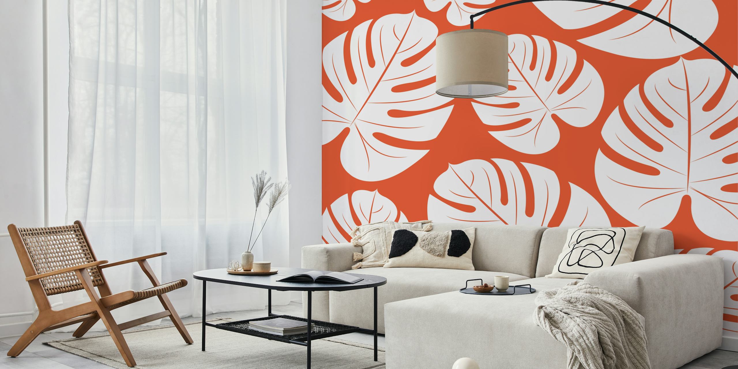 White palm leaf wallpaper on orange background