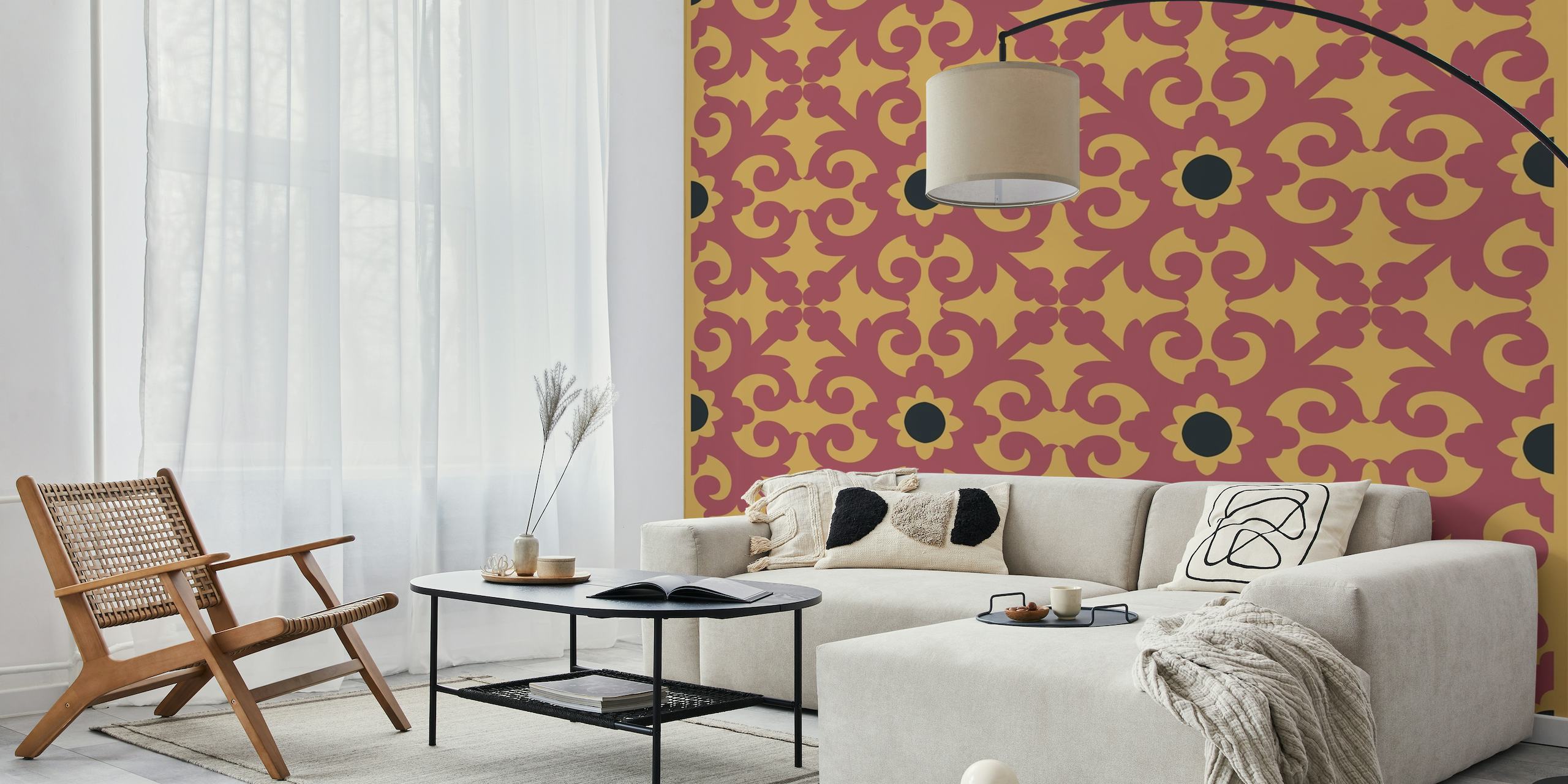 Turkish Kilim patterned wall mural in saffron yellow and red wine hues.