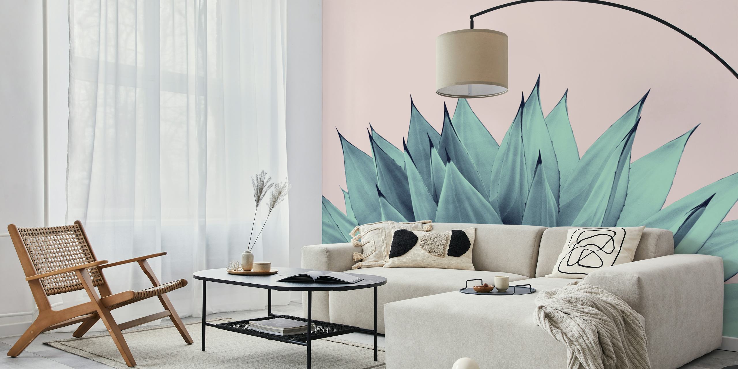 Agave plant details in teal against a pink background wallpaper