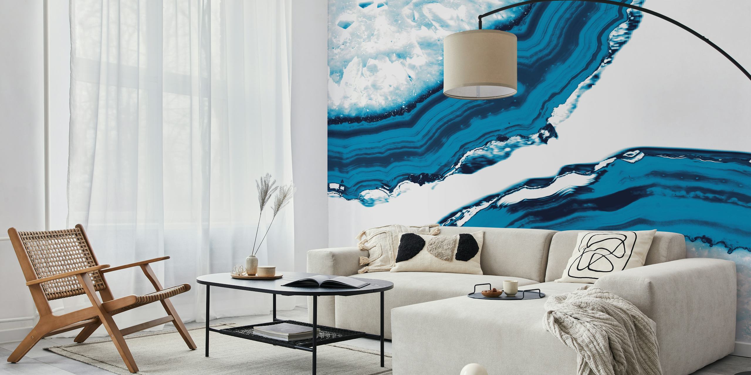 Blue agate slices with intricate line patterns and textures wallpaper