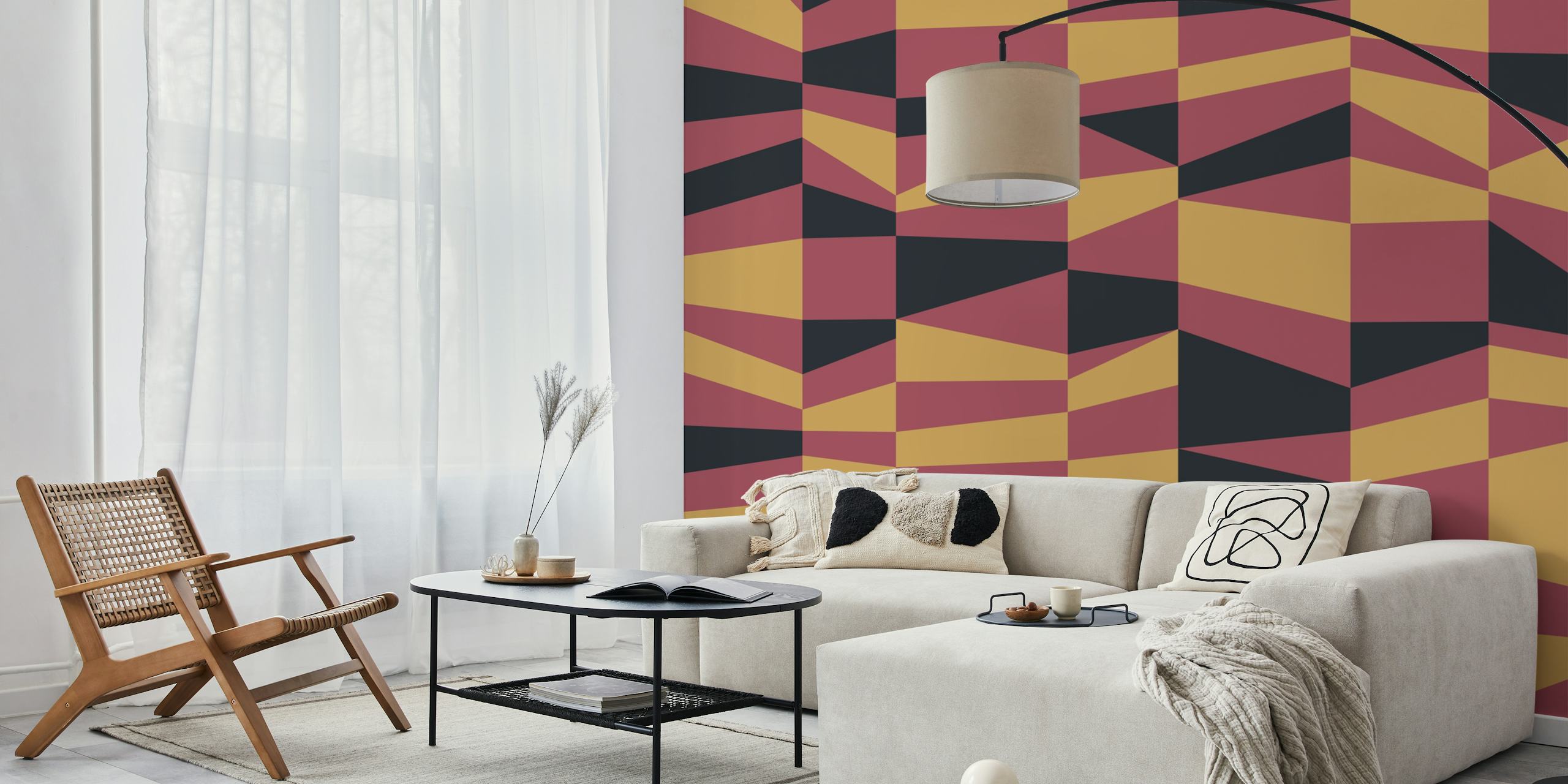 Geometric pattern in mustard and burgundy on black background wallpaper