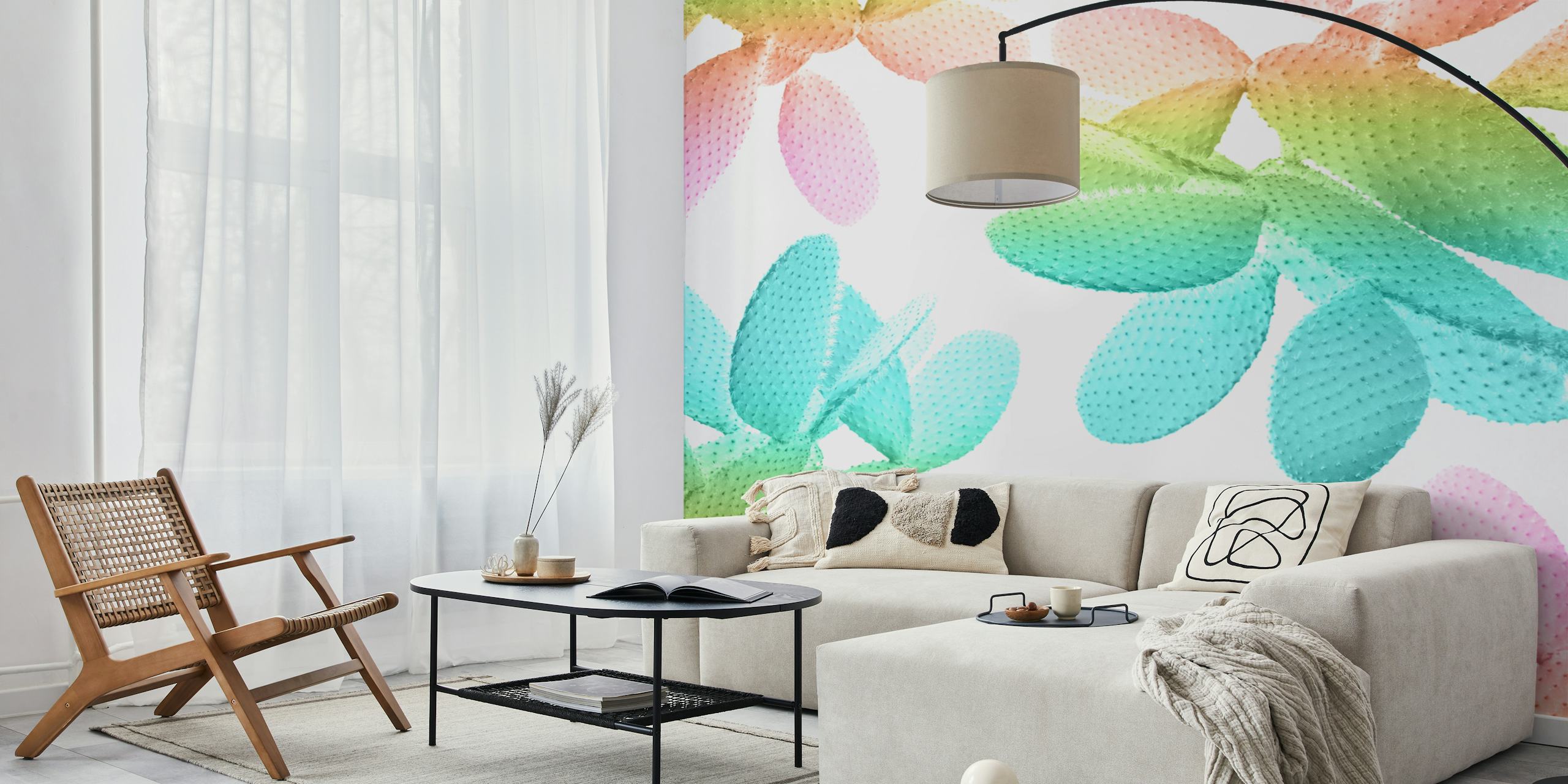 Colorful stylized cacti wall mural in pastel rainbow shades for home decor