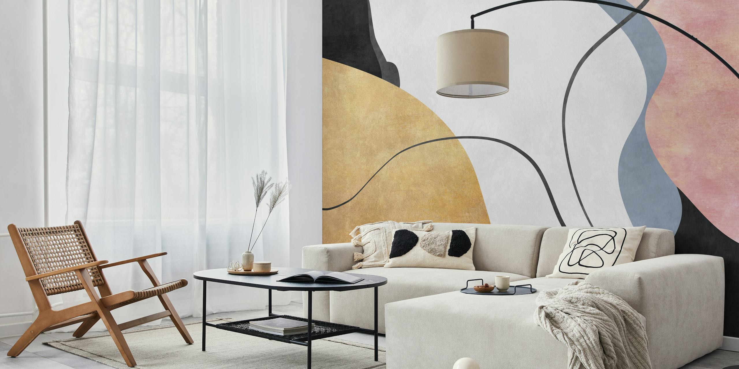 Abstract organic shapes in beige, white, pink, and black wallpaper