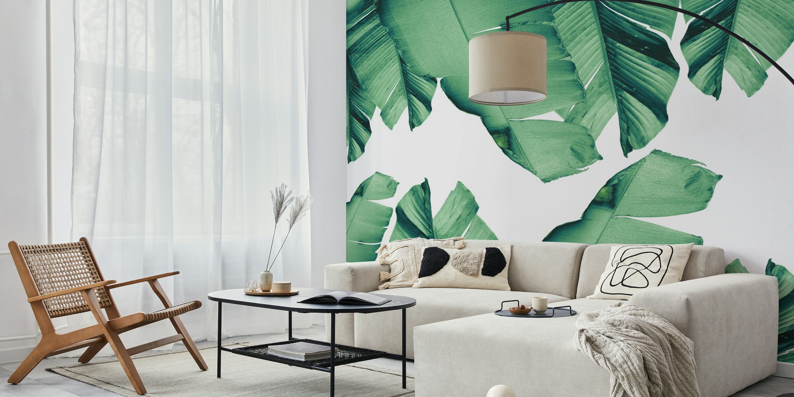 Fotomural vinílico de parede de folhas de bananeira tropical em tons verdes suaves
