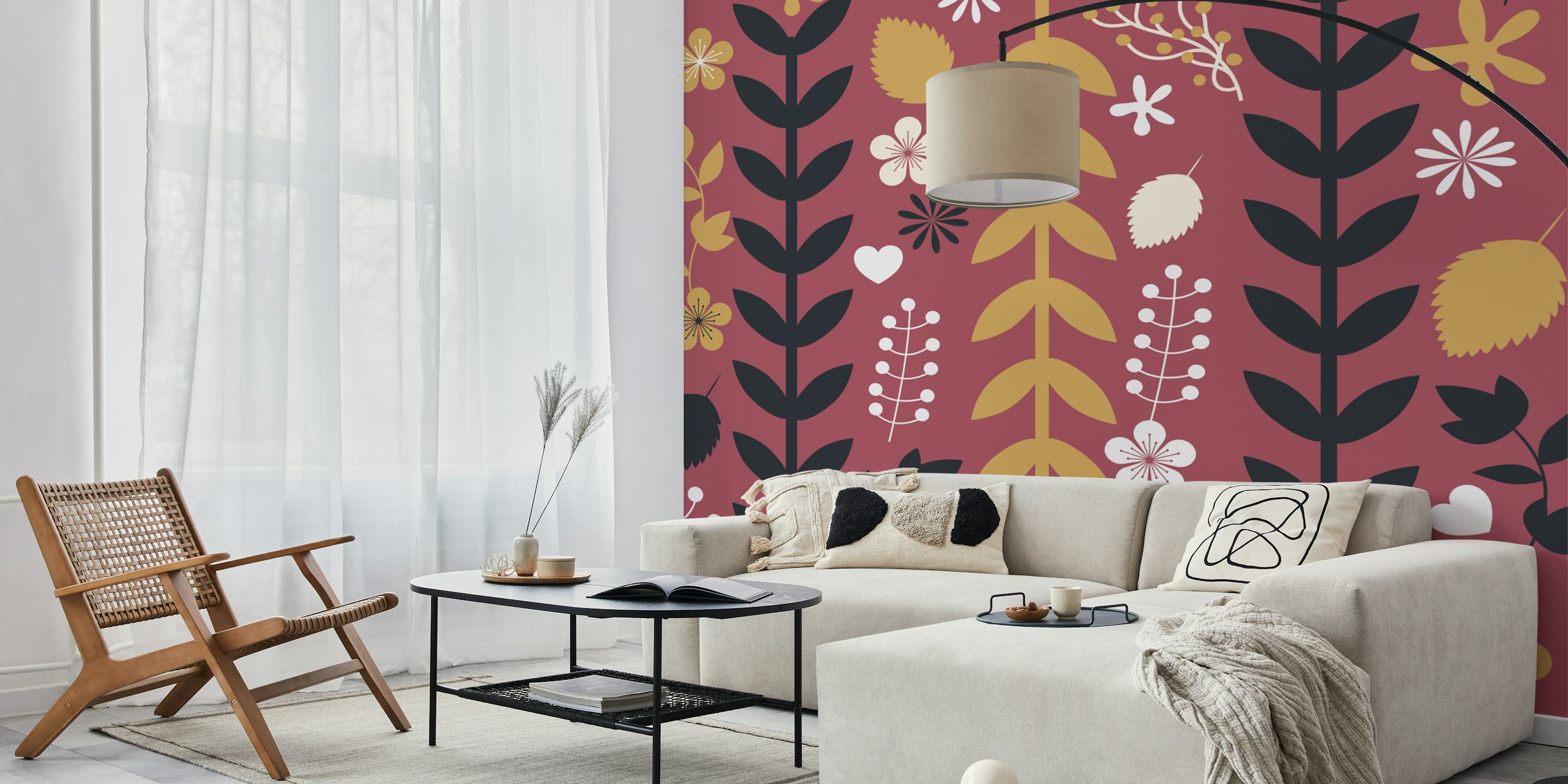 Abstract botanical patterned wall mural in wine, mustard, and black colors