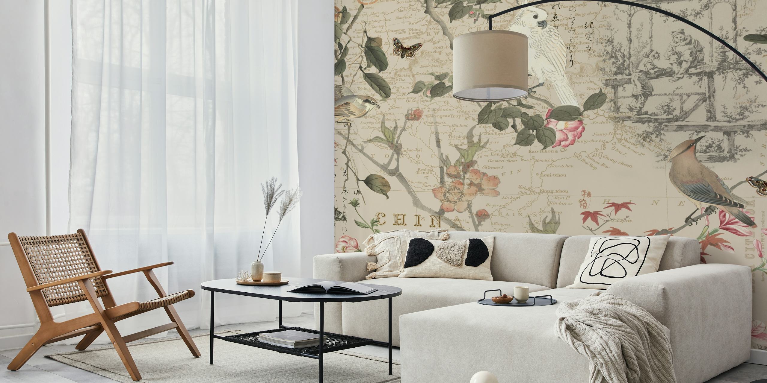 Papel de parede Chinoiserie Flower Cockatoo em uma sala
