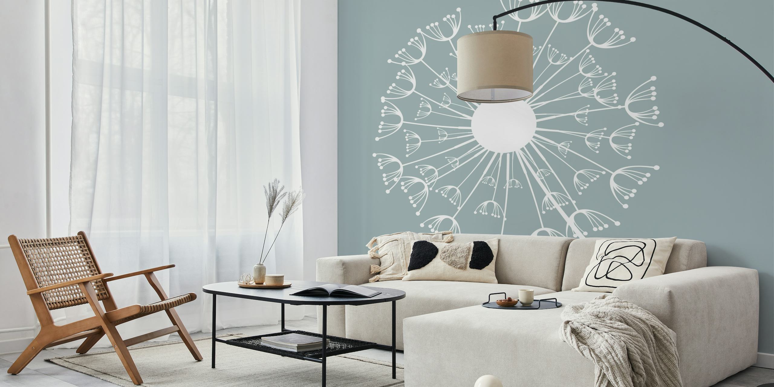 Mint green background with a white dandelion design wall mural