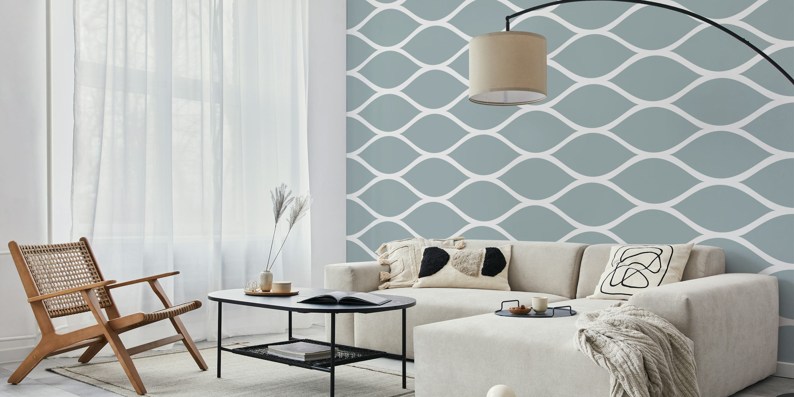 Ogee pattern wall mural in white and mint green.