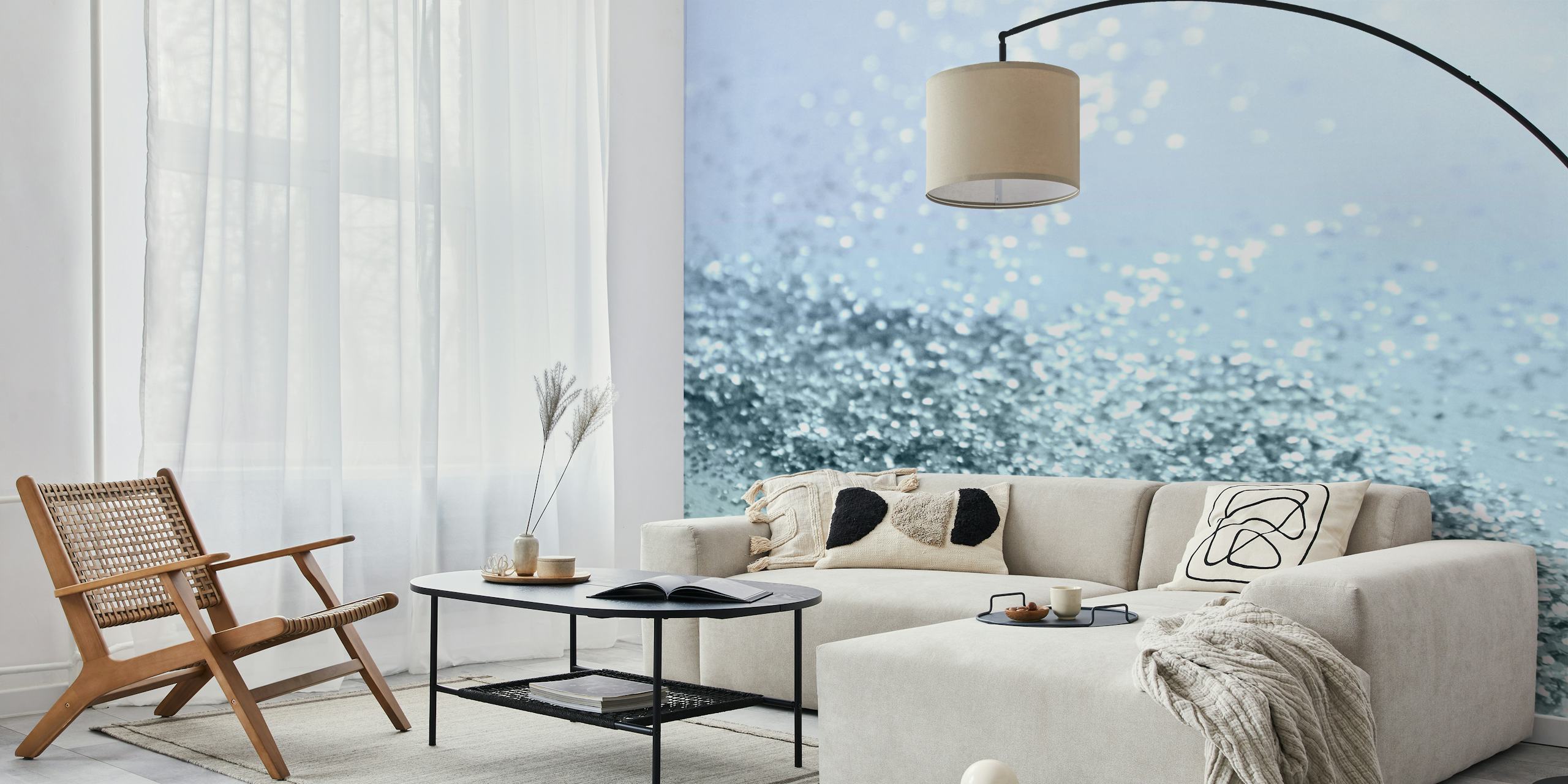 Ανοιχτό γαλάζιο γυαλιστερό ταπετσαρία Seafoam σε ένα δωμάτιο