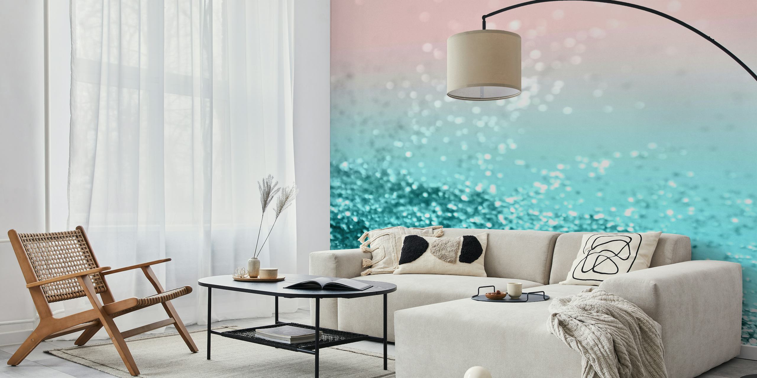 Aquamarine to pink gradient wall mural with a glittery texture reminiscent of a tropical summer shoreline.