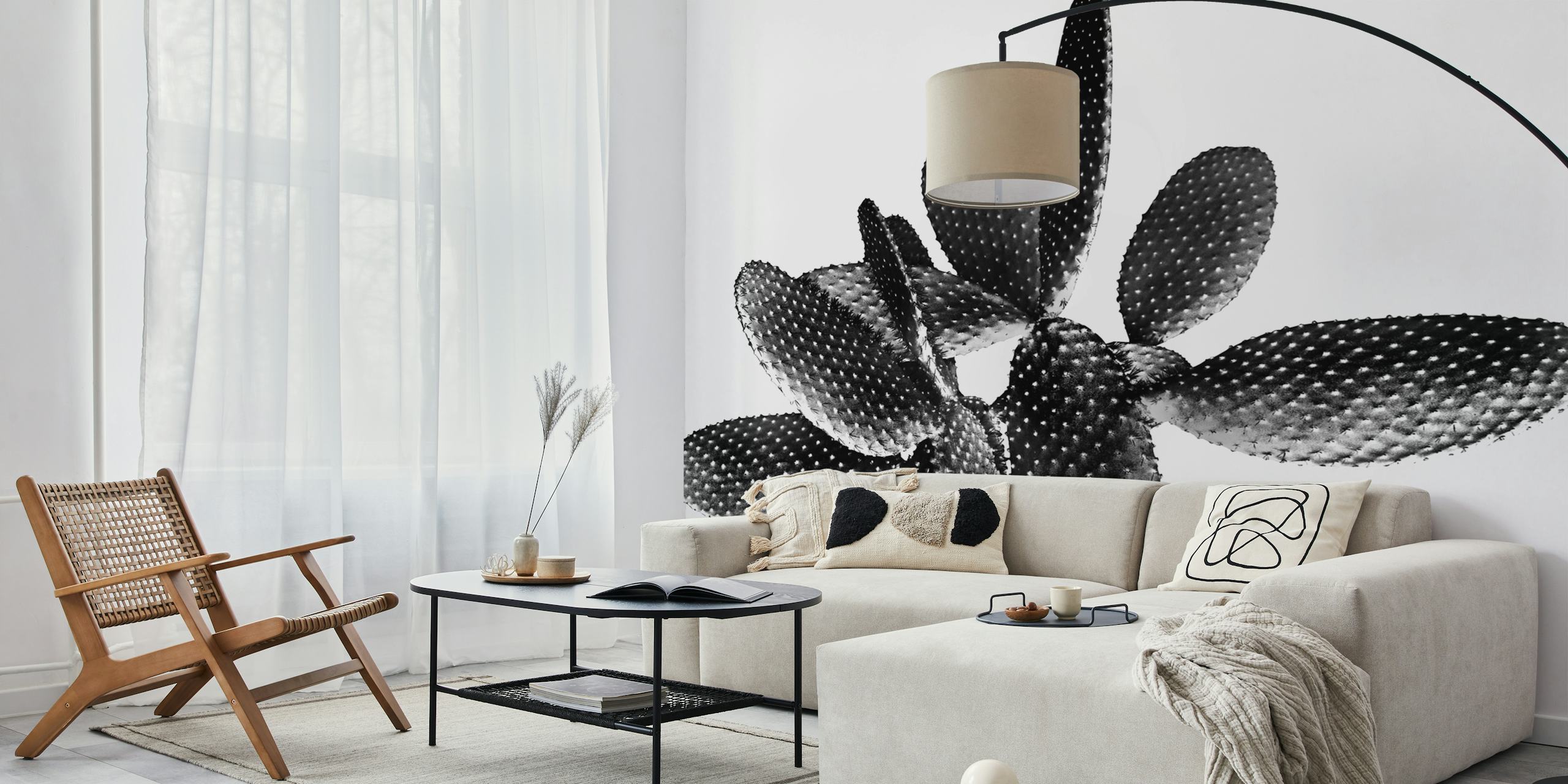 Black and white close-up of cactus wall mural design