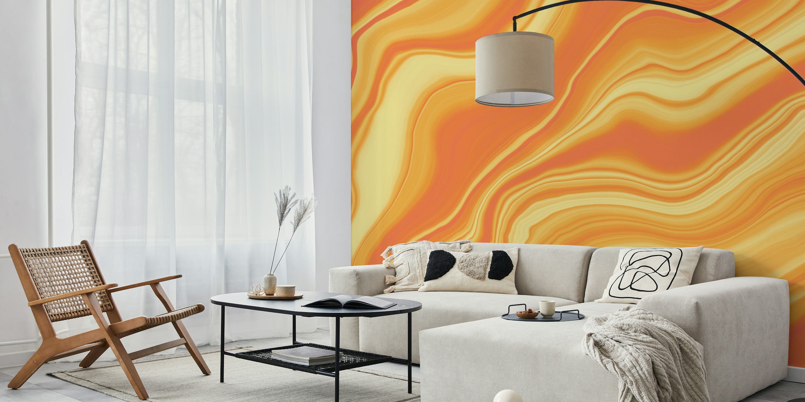 Liquid marble pattern in yellow and orange tones wallpaper
