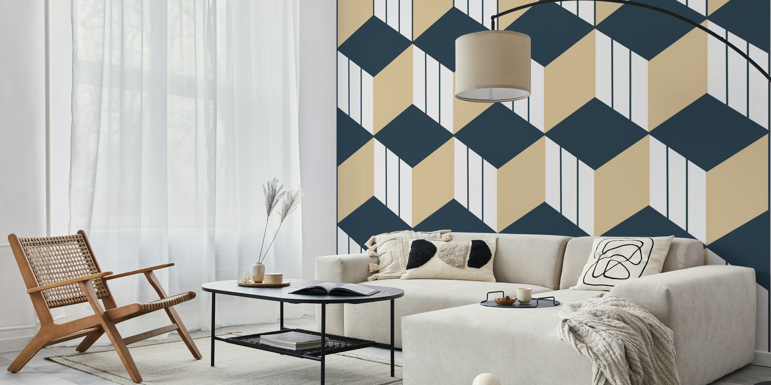 Mural de pared con patrón de cubos geométricos en carbón, beige y blanco