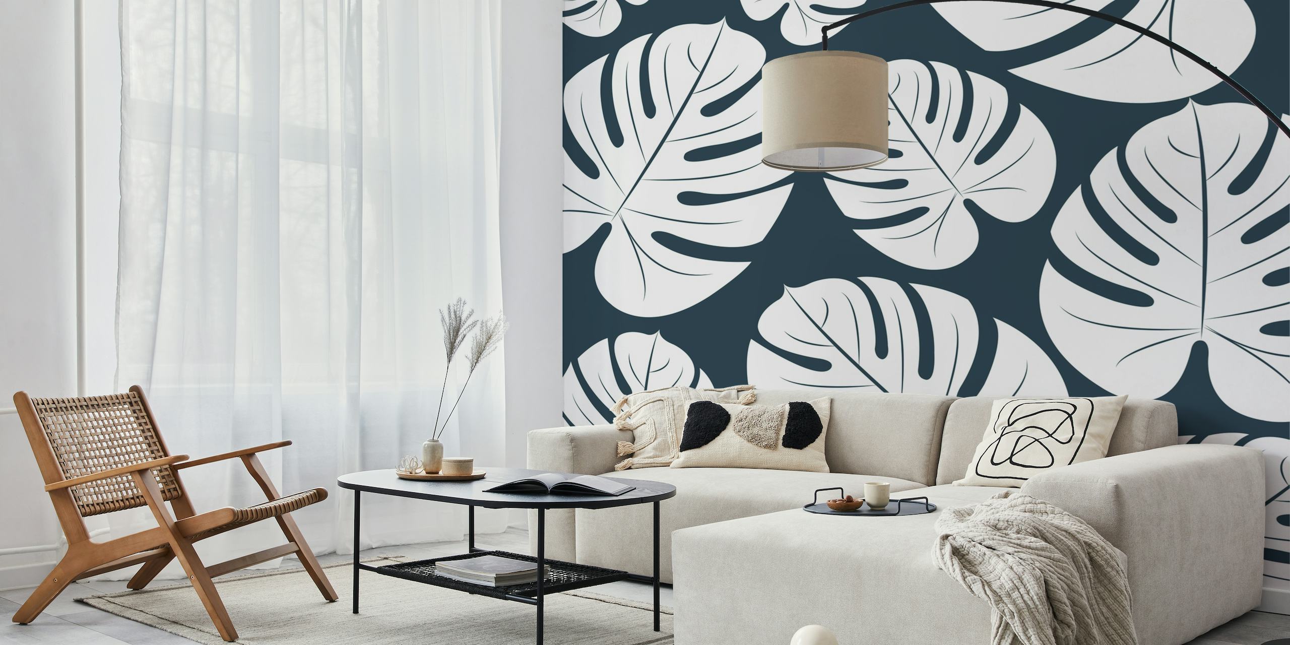 Retro mod white palm leaves wallpaper