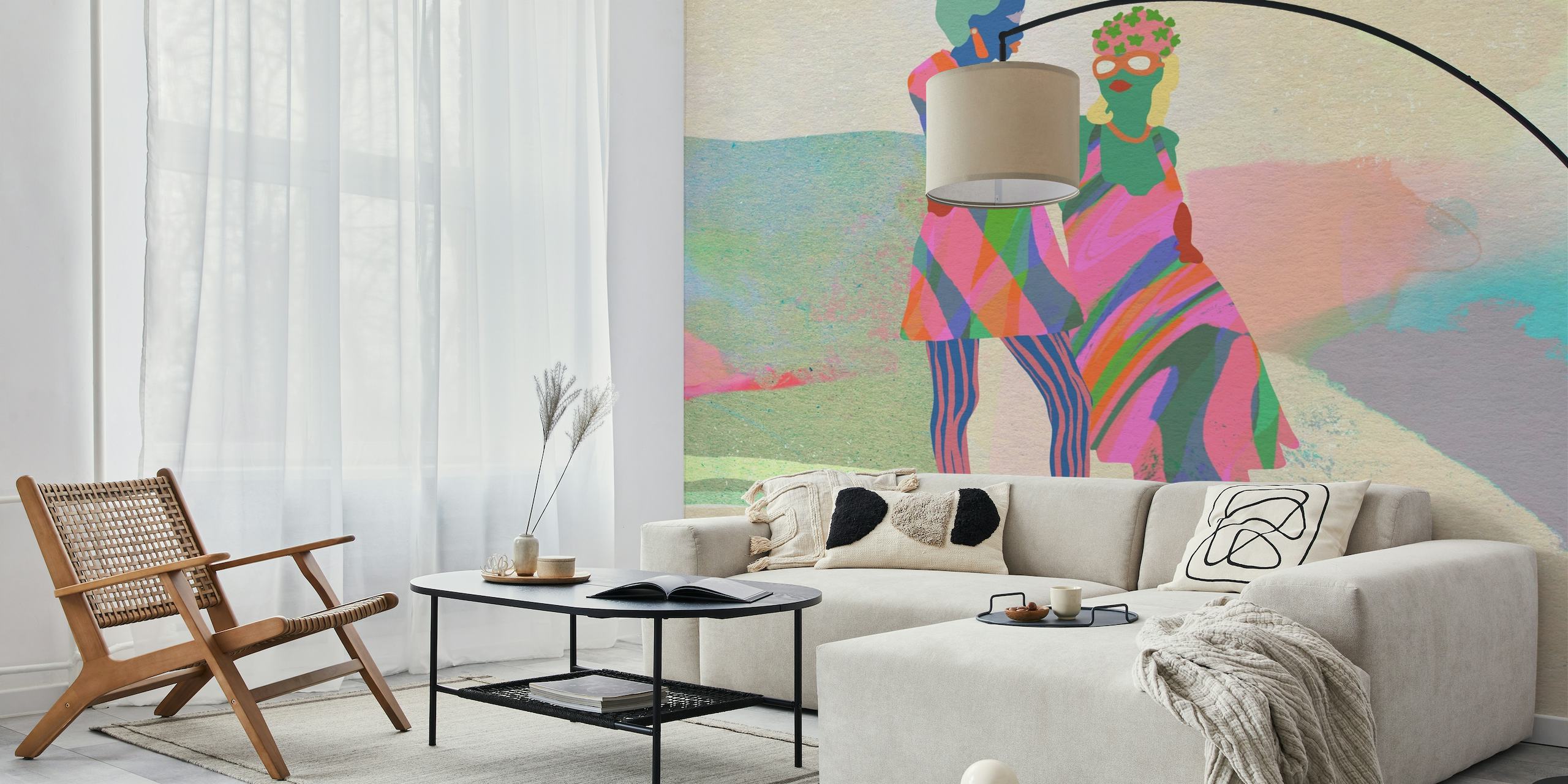 Abstract art wall mural featuring two colorful stylized figures in a pastel landscape