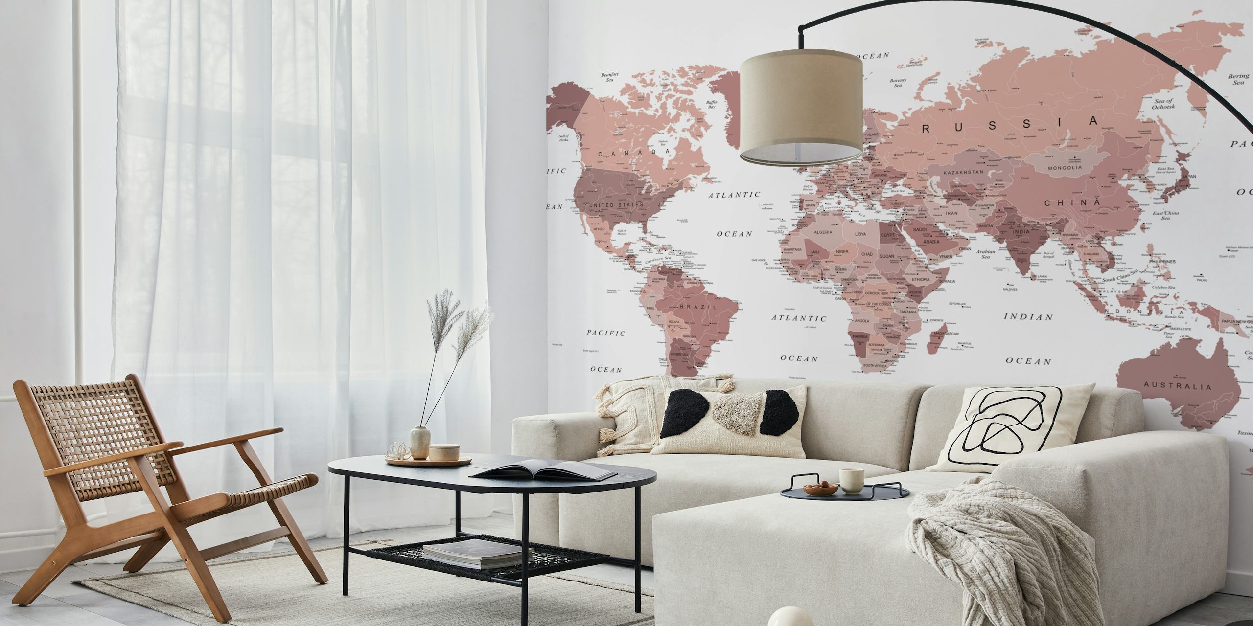 World map design in rose gold tones with country names, modern style wallpaper
