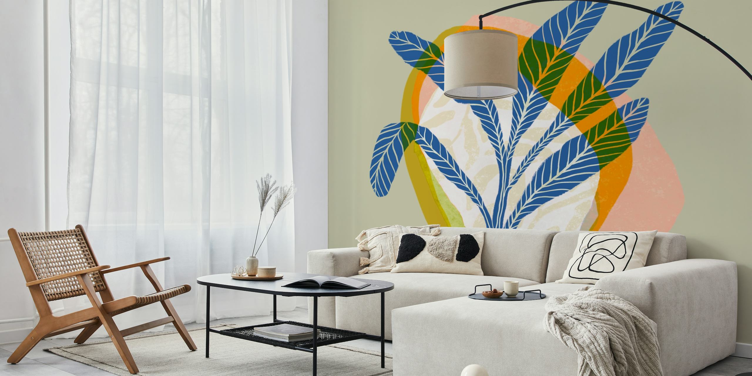 Abstracte tropische plant illustratie muurschildering met pastelkleuren