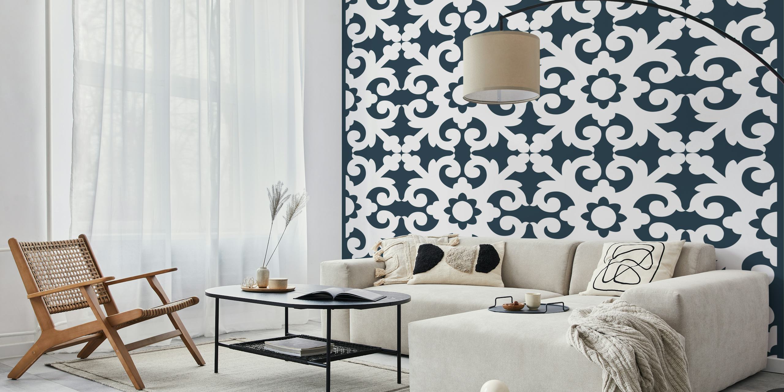 Ornamental black and white wallpaper with floral patterns