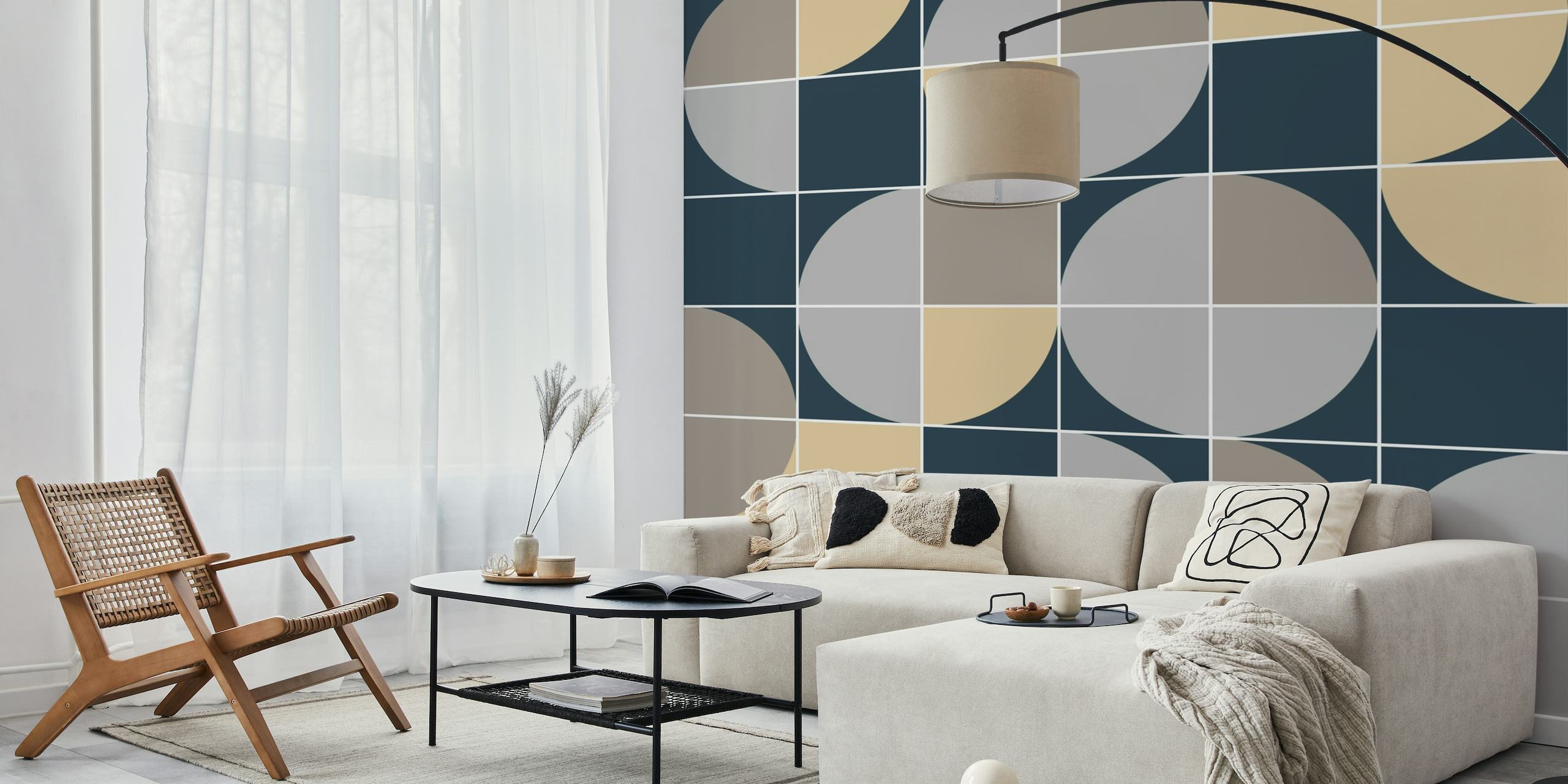 Fotomural de pared circular abstracto mod retro con estampado geométrico en tonos beige, azul marino y gris