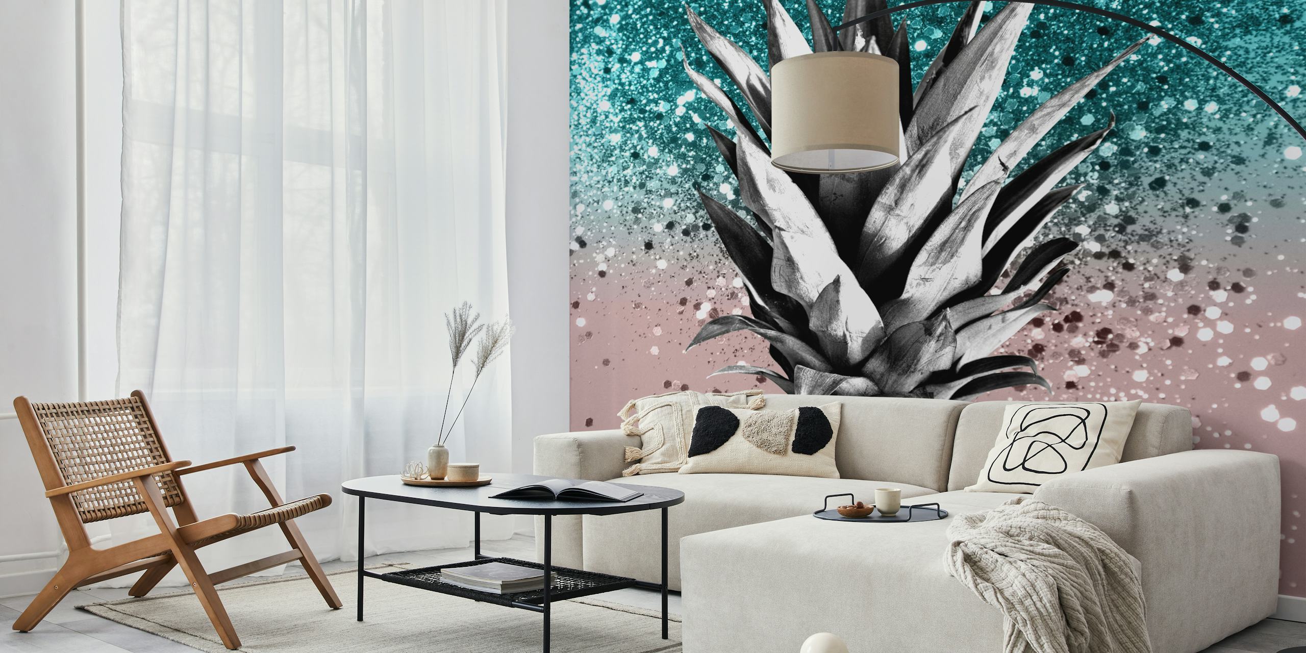 Stylizovaný ananas na třpytivé tyrkysové a třpytivé pozadí pro fototapetu