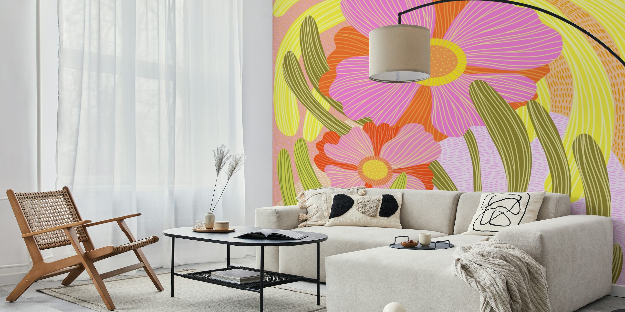 Stiliseret moderne blomstret vægmaleri med lyserøde, gule og grønne motiver