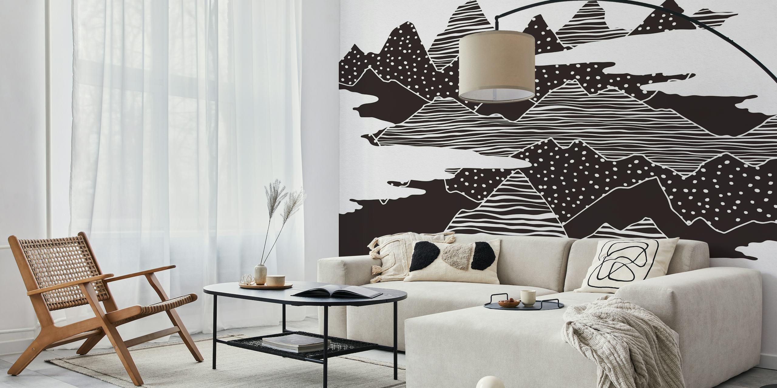 Abstract zwart-wit muurschildering van gestileerde bergtoppen met gestippelde texturen