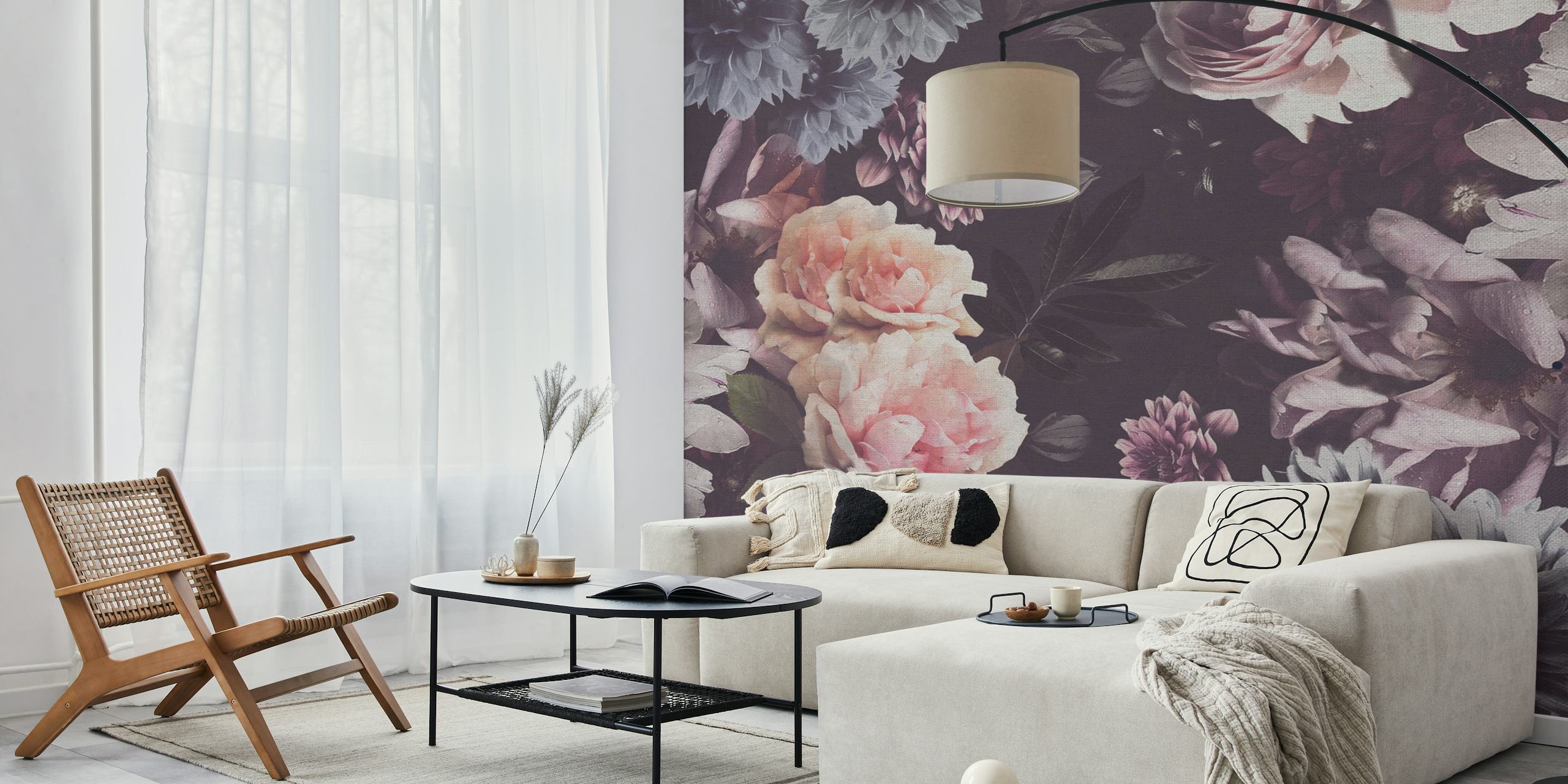 Dark floral design featuring pink and purple roses wallpaper