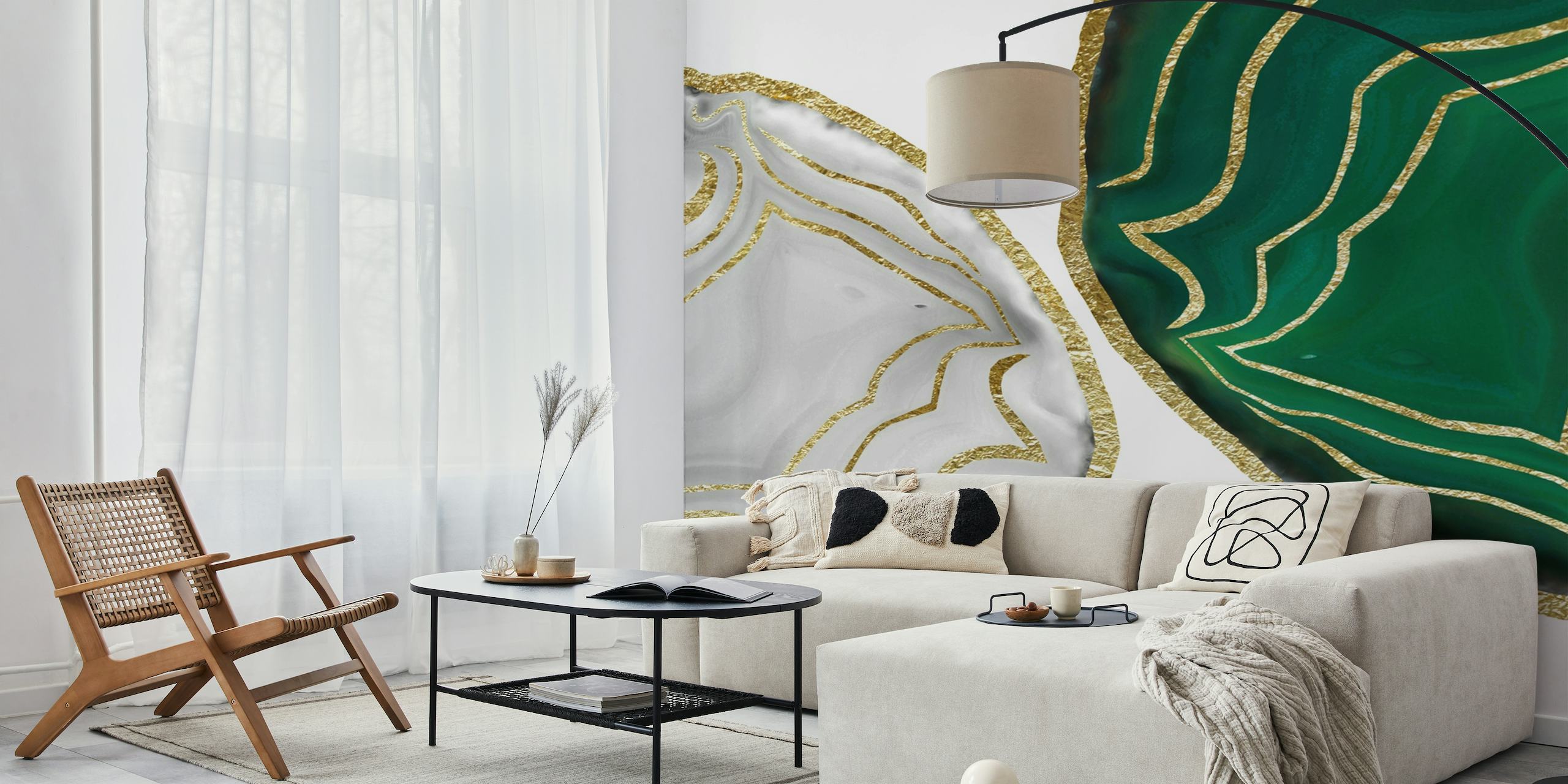 Emerald green and white agate-inspired yin-yang wall mural with gold accents