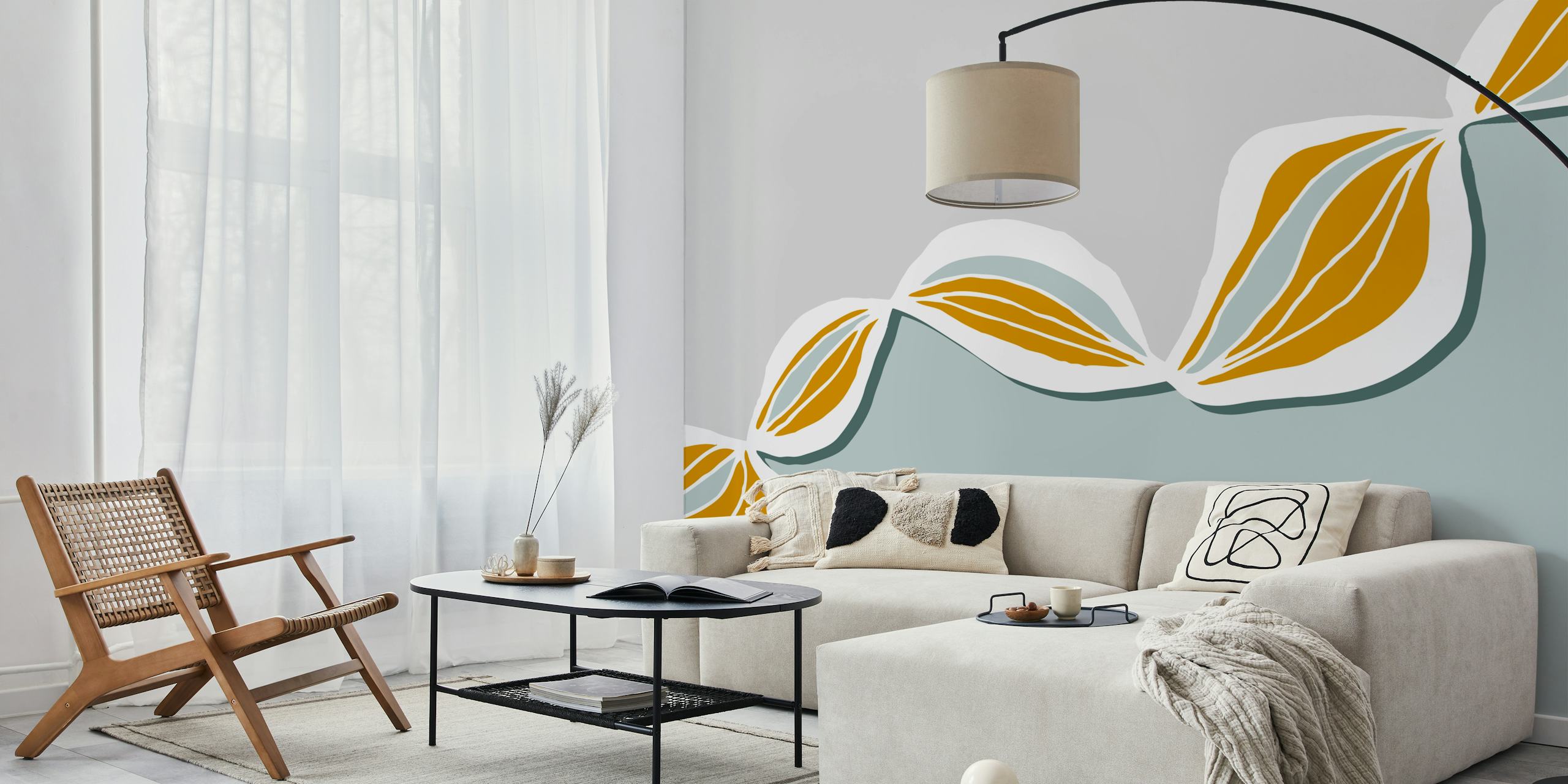 Cream and green floral design with curved patterns wallpaper