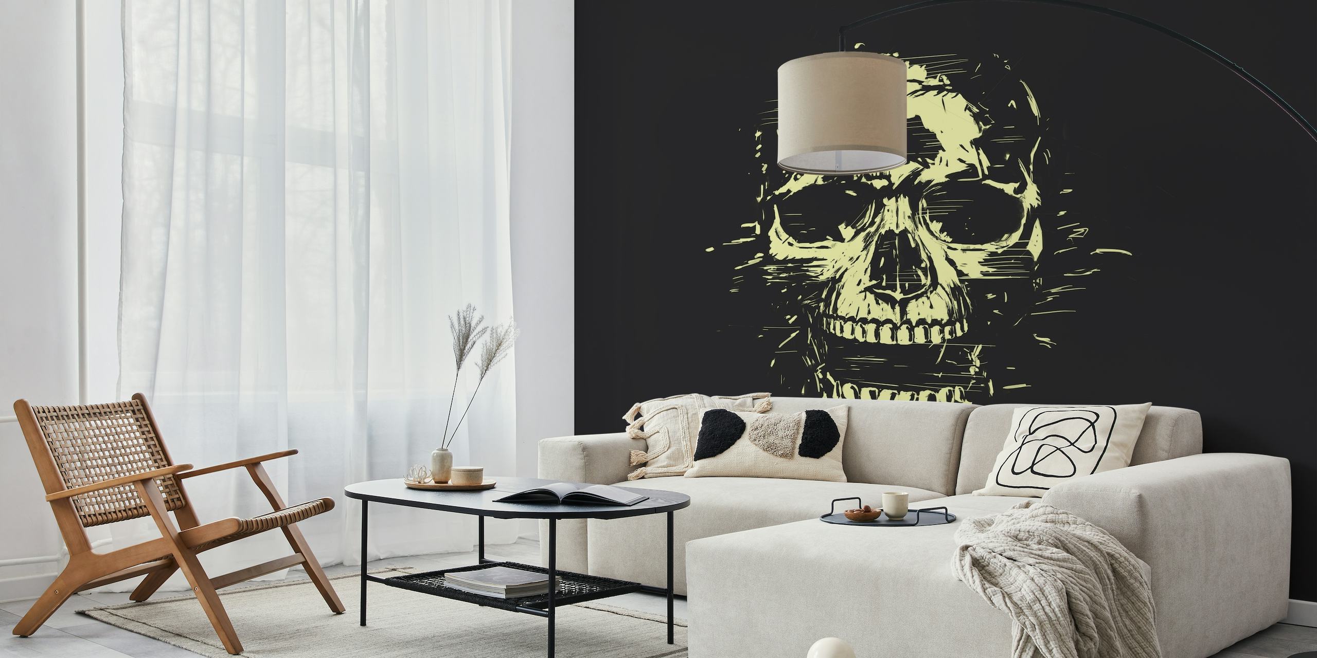 Stylized human skull wall mural on a dark background