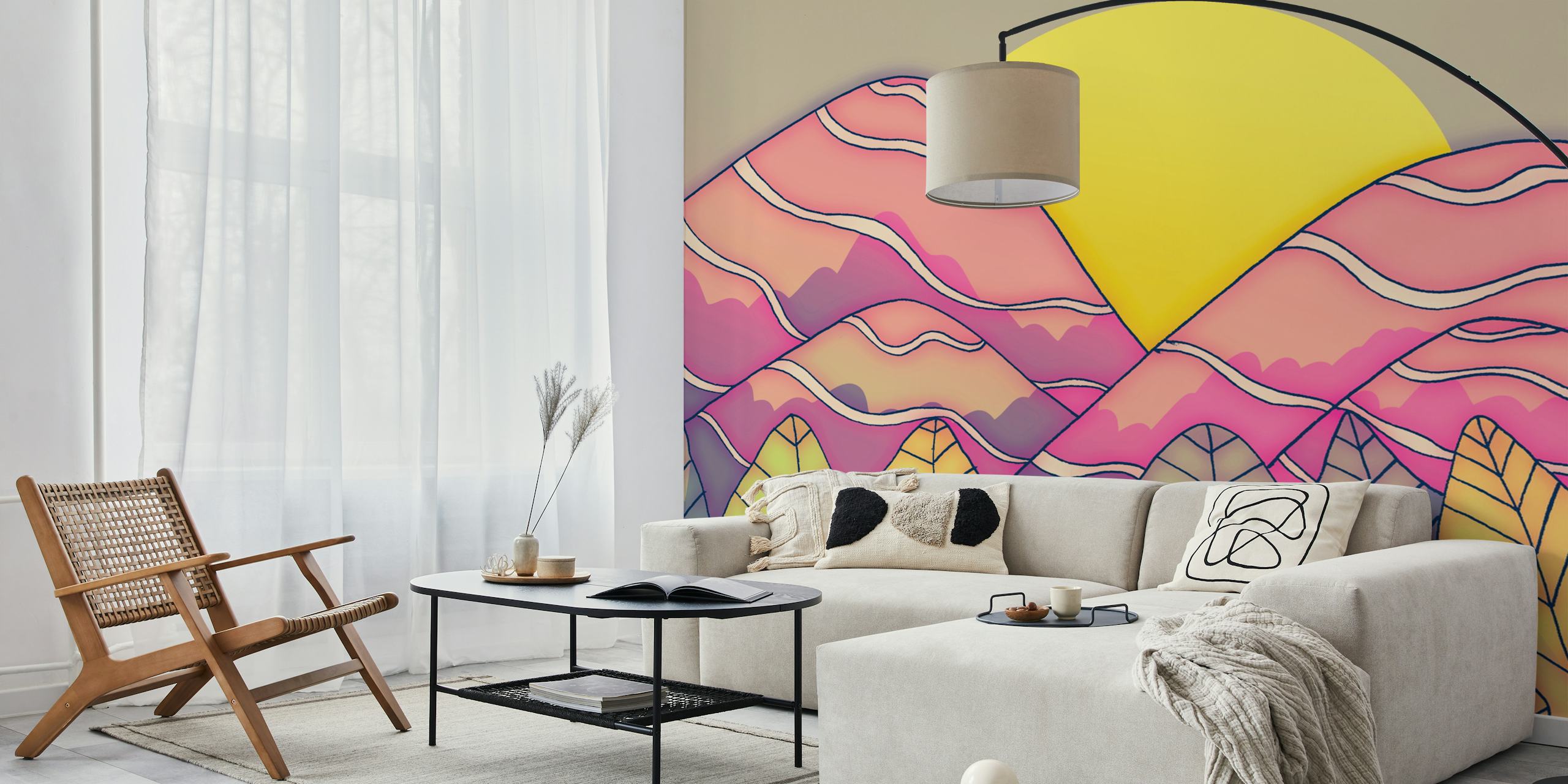 Tropical landscape design with pink mountains and yellow sun wallpaper
