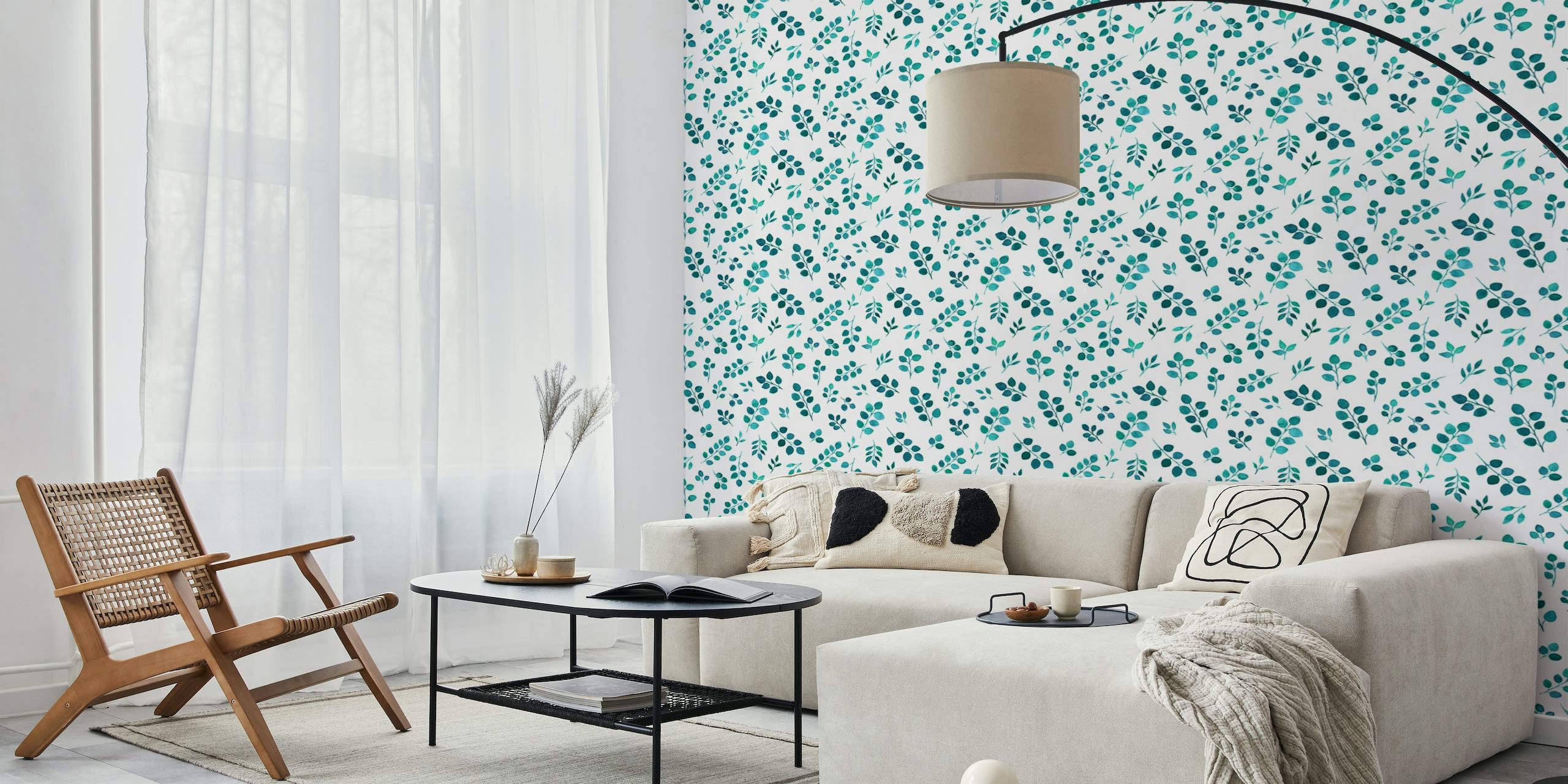 Green and white leaf pattern wall mural named Petites Feuilles - Green