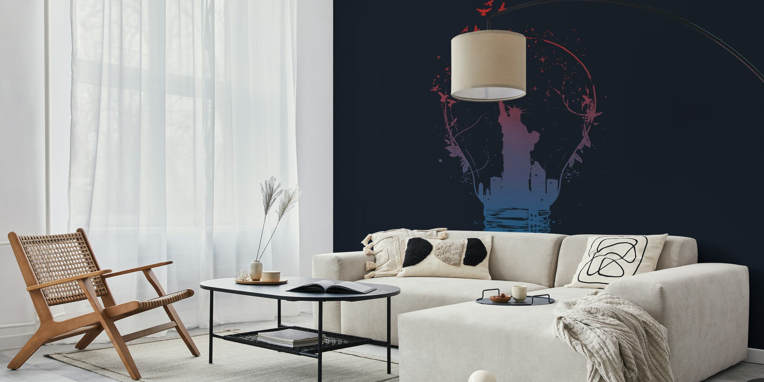 Abstract cityscape wall mural with vibrant nighttime lights and electric energy.