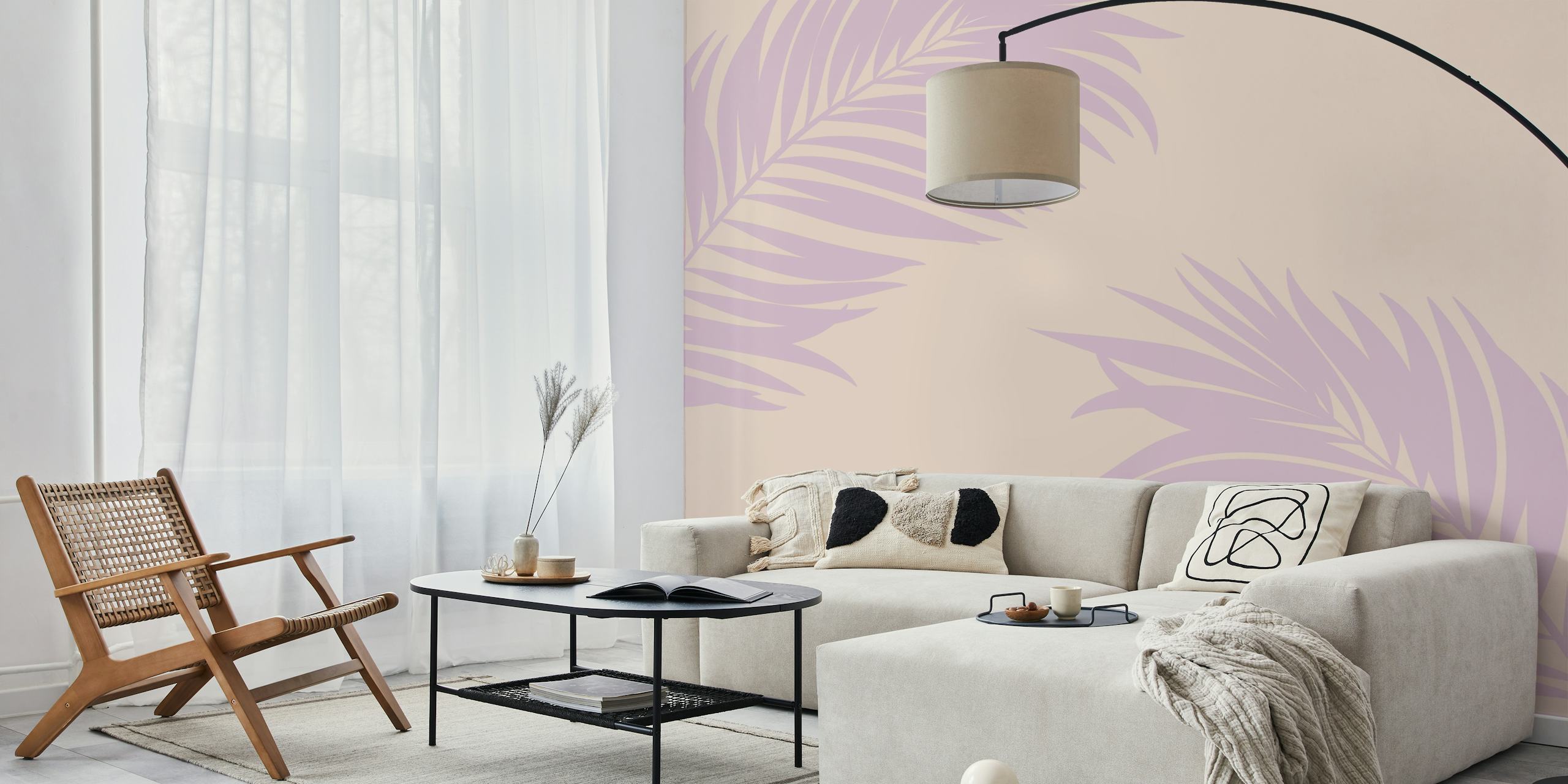 Tapeta Lilac and beige palm art v pokoji