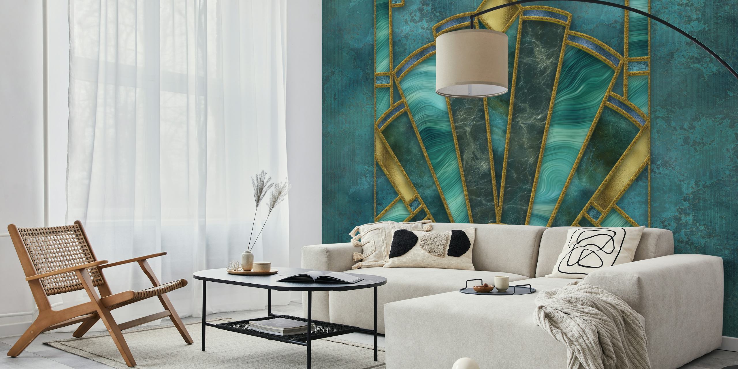 Art Deco style wallpaper featuring turquoise and gold geometric patterns