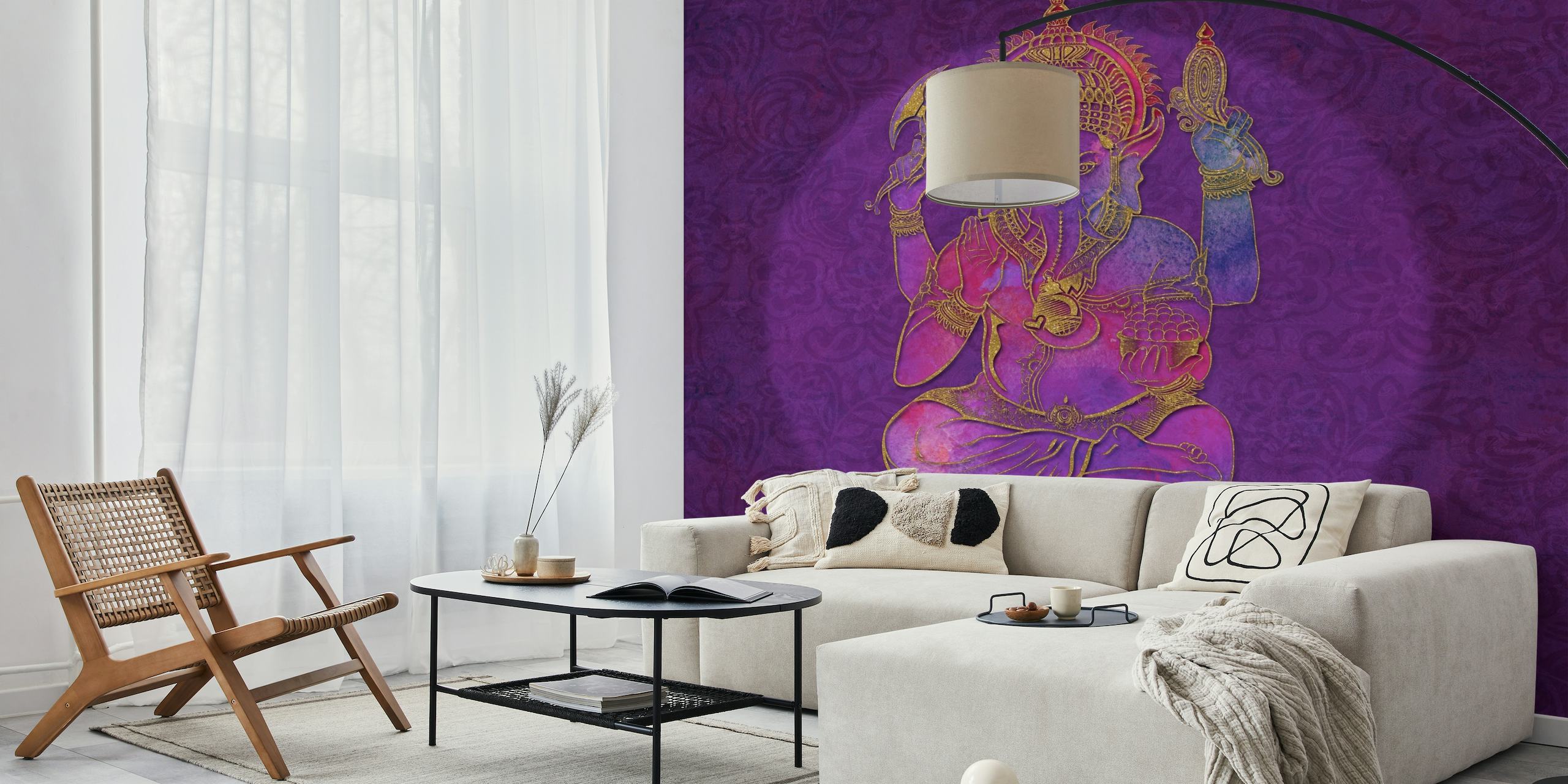 Ganesha Elephant Hindu God Wall Mural in rich purple hues for spiritual decor