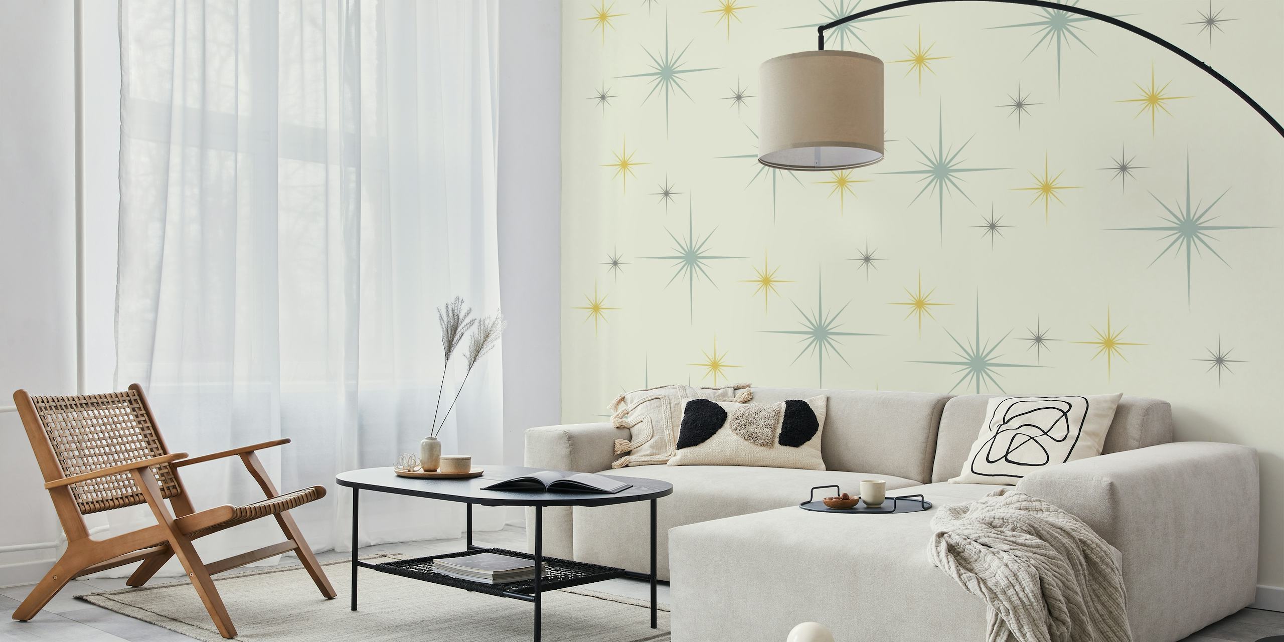 Mid Century Modern Stars Sinivihreä seinämaalaus tyylitellyillä tähdillä pehmeällä taustalla